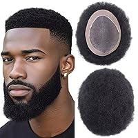 Vista 18 de HAPPY&CC Peluca de cabello humano tipo tupé para hombre, sistema de reemplazo de cabello de encaje francés completo, negro, afro tupé, pelucas Negro
