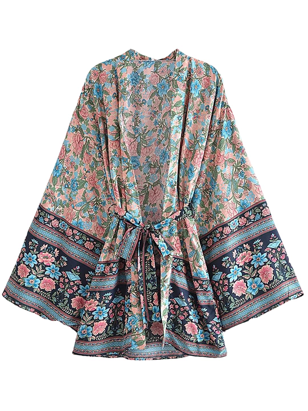 Disimlarl Kimono bohemio de algodón con estampado floral para mujer, mangas murciélago, bata corta para cubrir el bikini