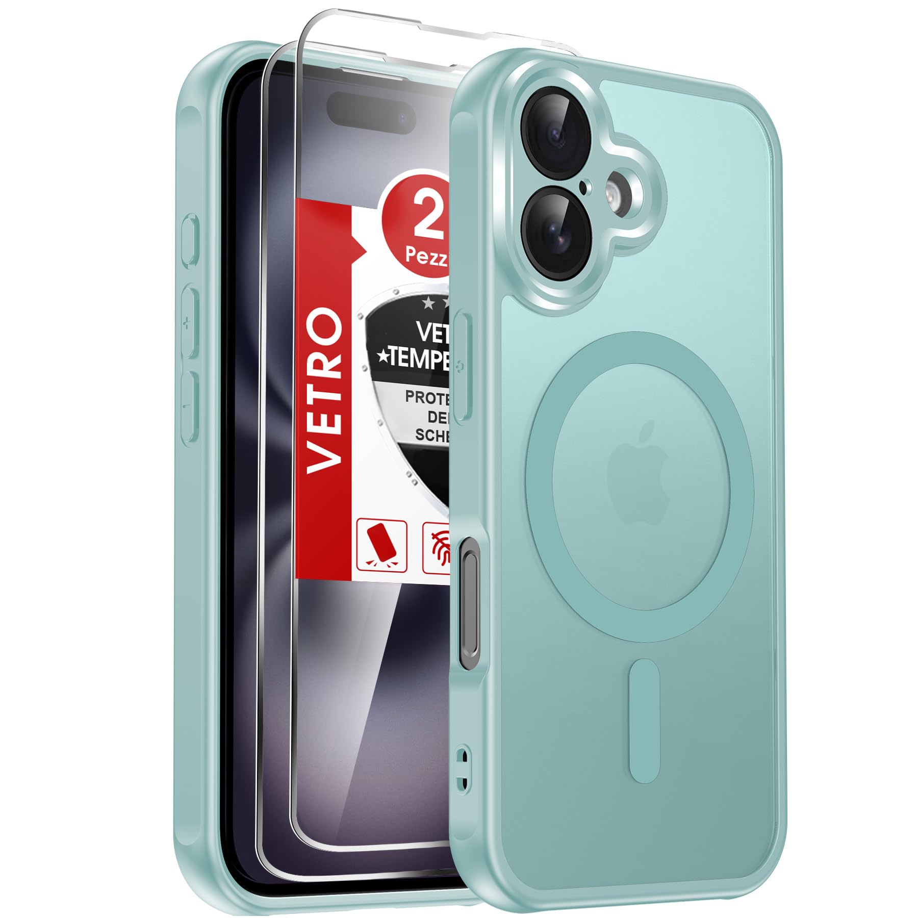 LeYi Cover Magnetica per iPhone 16 con 2 Pezzi Vetro Temperato, Custodia per iPhone 16 Traslucida Opaca Anti-Impronte Resistente ai Graffi Paraurti in TPU Antiurto Protettiva Case， Verde chiaro