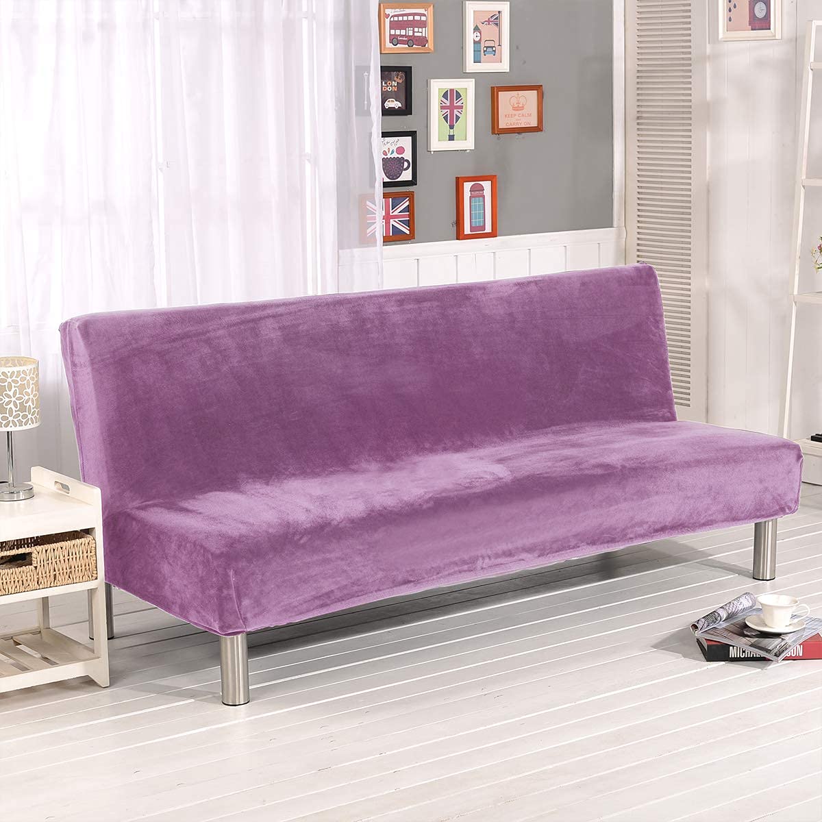 Pure Color Velvet Sofa Cover for Armless Sofa,Slipcover Stretch Futon Cover Fitted Non-Slip Folding Sofa Bed Cover Couch Bed Cover,180-210cm