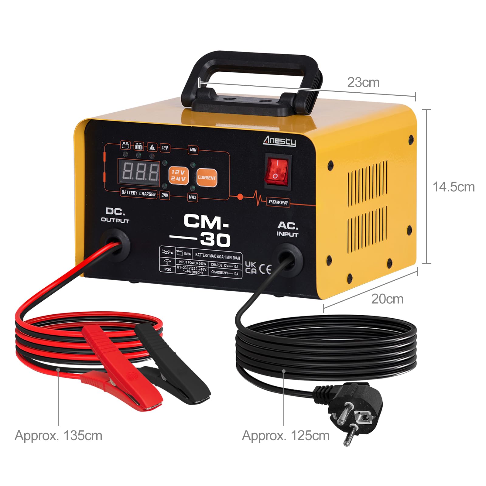 Anesty Autobatterie Ladegerät 12V/24V Smart KFZ Batterieladegerät 20-250Ah mit Schutzfunktion für Autos, LKW, Traktor, AGM, Gel Blei Säure Batterien