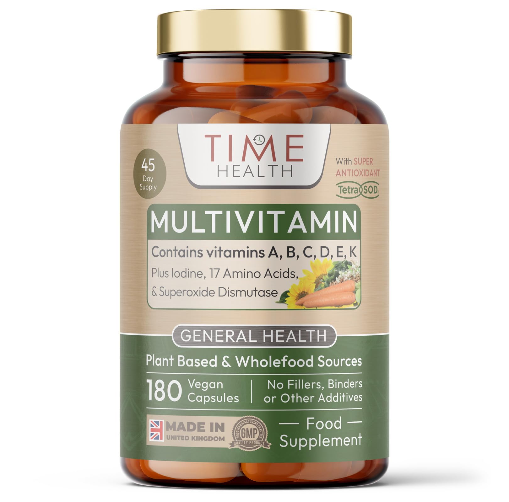 Whole Food Plant-Derived Multi Vitamin 100%+ Daily with TetraSOD® Super Antioxidant - Natural, Non-Synthetic Vitamins - Highly Bioavailable - Zero Additives - UK Manufactured (180 Capsule Pouch)