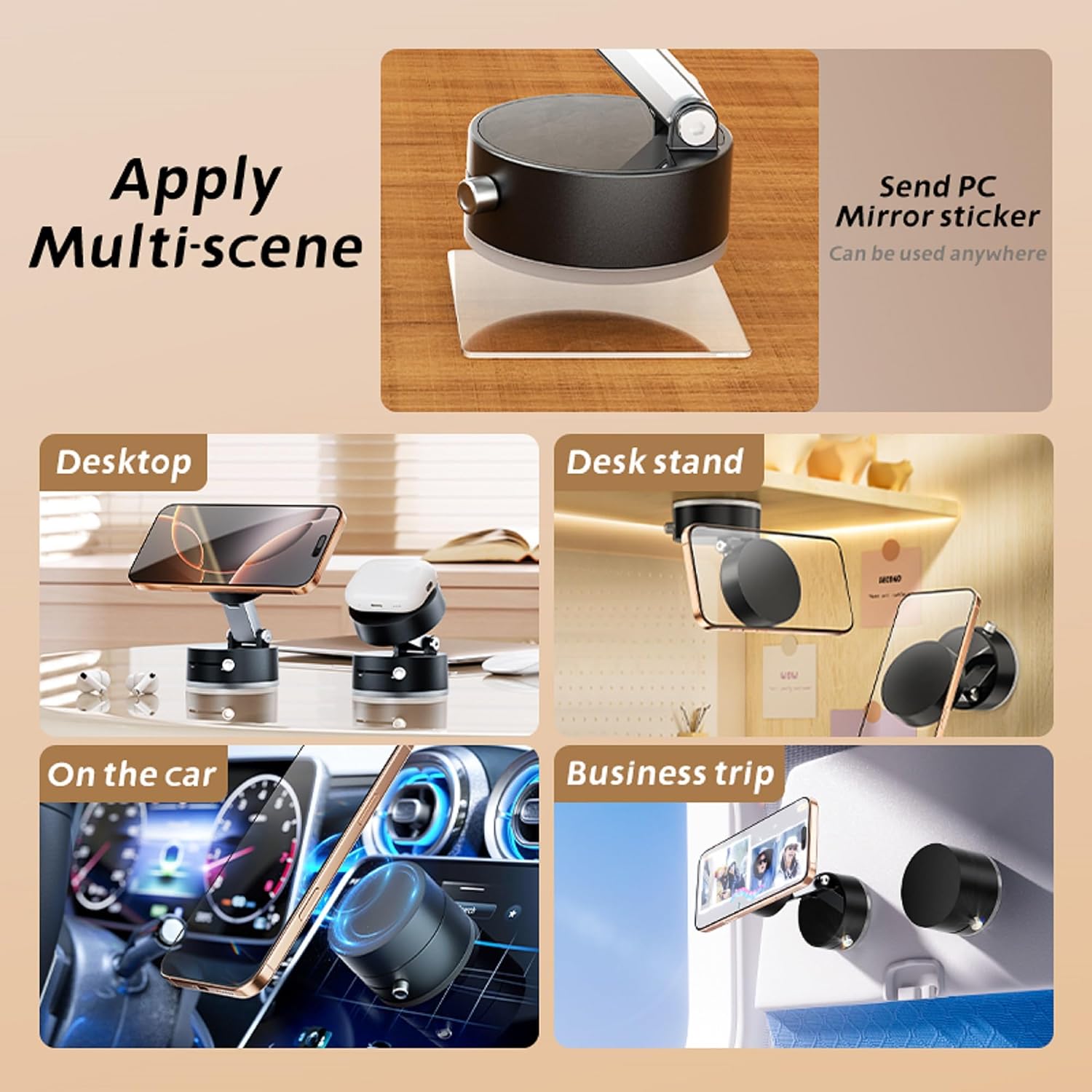 Vacuum Suction Magnetic Phone Holder, Foldable & Retractable Vacuum Magnetic Phone Stand Double-Sided Magnetic Car Phone Mount for All Phones Car/Mirror/Gym, Black