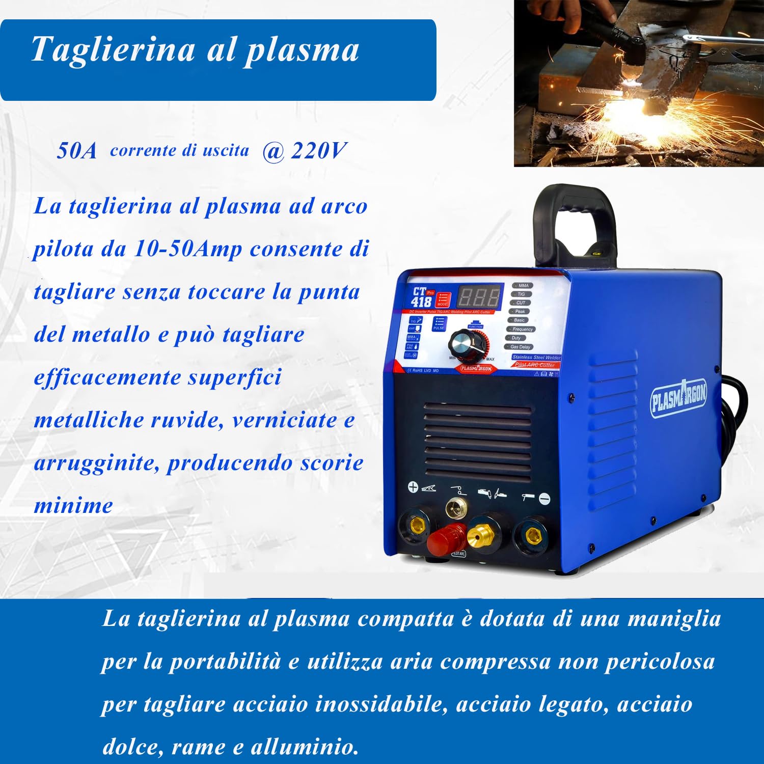Saldatrice combinata 3 in 1 TAGLIO/TIG/MMA per taglierina al Plasma CT418P, taglierina al Plasma ad Aria da 50Amp, saldatrice 200A / saldatrice a Bastoncino