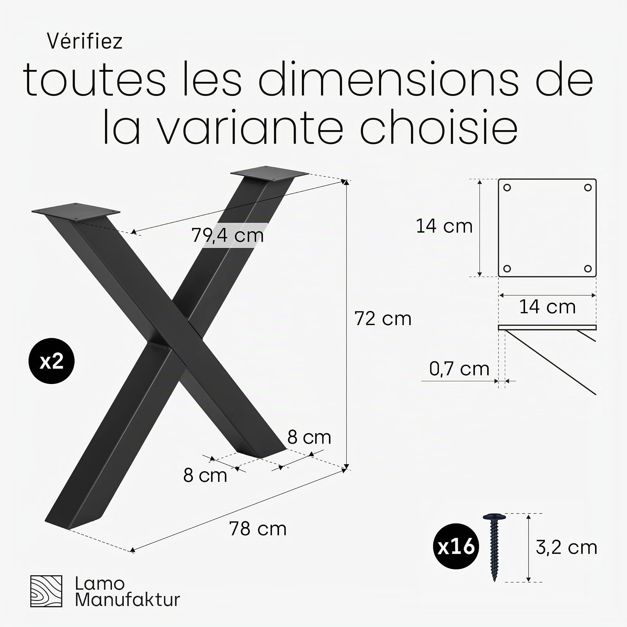 LAMO Manufaktur Pieds pour Table à Manger | Pieds de Bureau, modèle : Mark Massive | Profil 80x80 mm | Taille 80x72 cm (L x H) | Noir| 2 pièces | LTS-03-J-FF-9005
