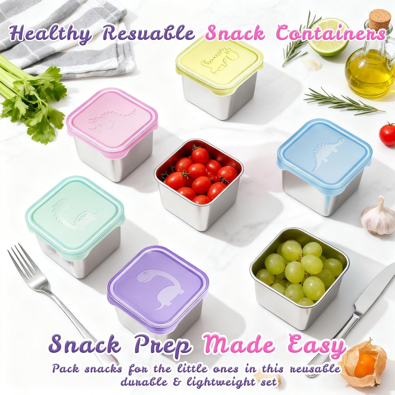 6-Pack Small (6 oz) Stainless Steel Snack Containers for Kids, Easy-Open Toddler Snack Containers with Lids - Cute Dinosaur Small Stackable Metal Lunch Box for Daycare, School, Travel - Image 4