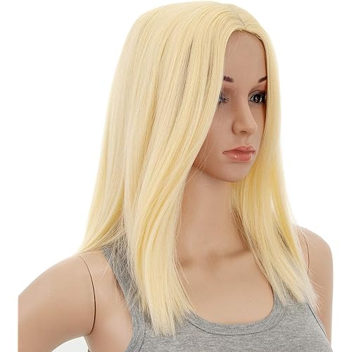 SWACC 14-Inch Short Straight Middle Part Hair Wig Medium Length Synthetic Heat Resistant Wigs for Women with Wig Cap (613 Blonde)
