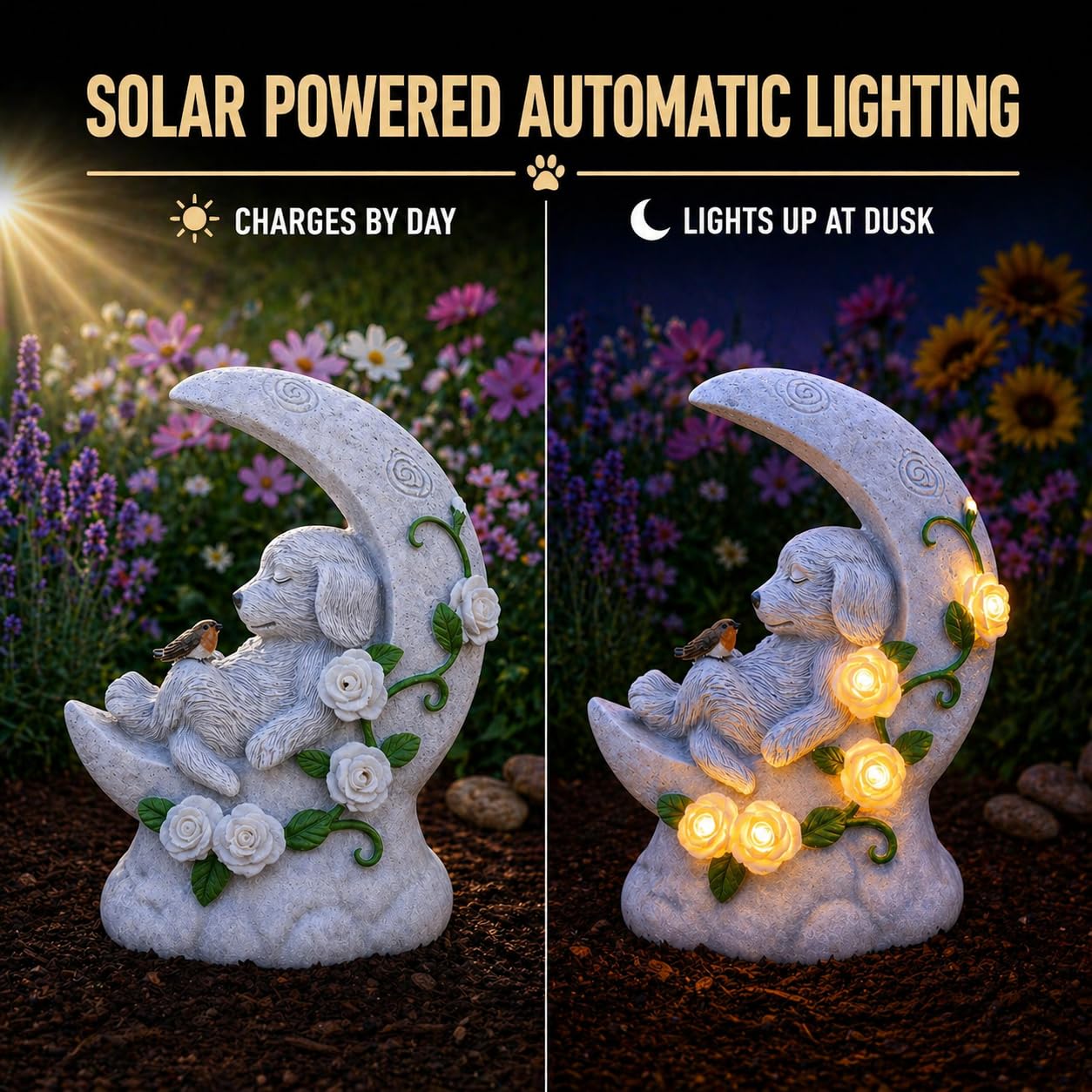 Festive Lights Lapide commemorativa da 19 cm con illuminazione LED solare a mezzaluna con cane, decorazione per tomba di cane, resistente agli agenti atmosferici, lapide per cane, luce per tomba