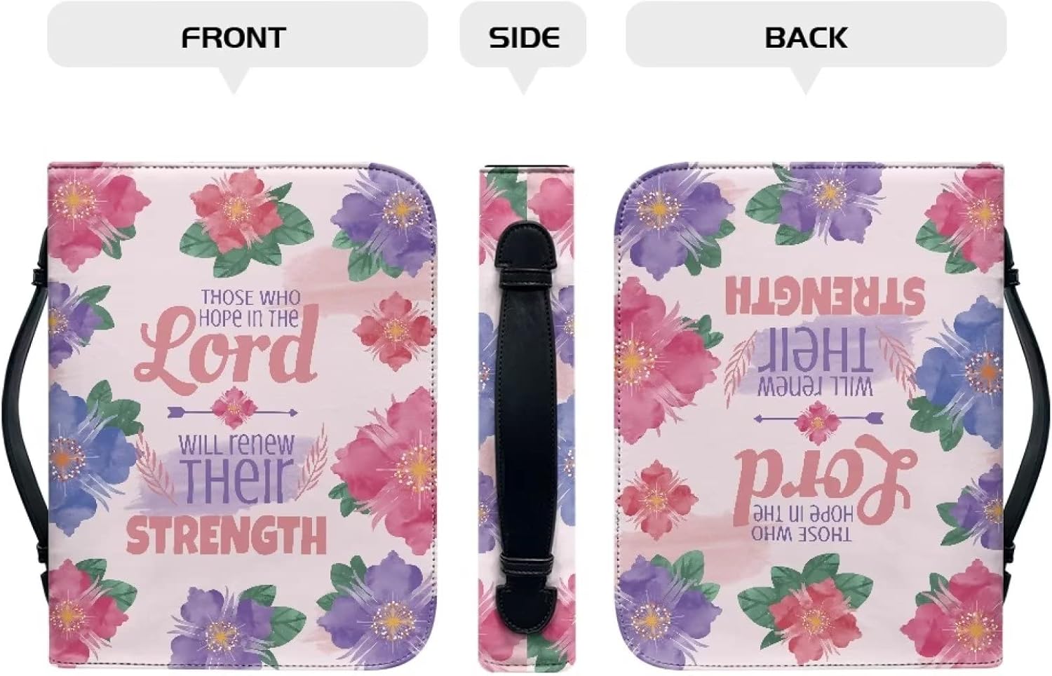 COEQINE Pink Leather Bible Cover with Handles for Women, Flower Print Church Bag with Multi-Functional Phone Pencil Pocket Size M