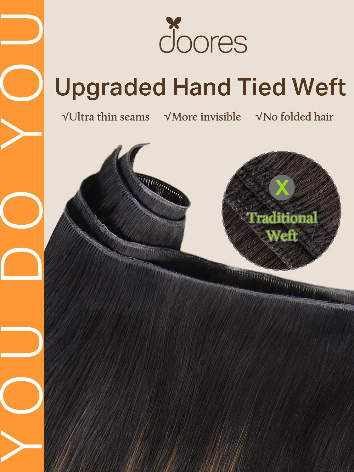 DOORES Sew in Hair Extensions Real Human Hair, 24 Inch Natural Black to Chestnut Brown 120g, Hair Extensions Sew in Hand Tied Weft High Density