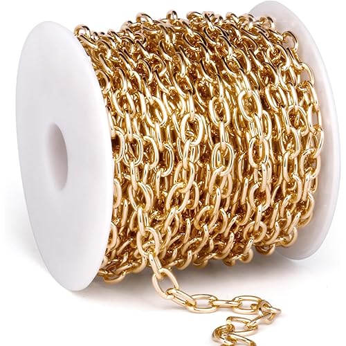 33 Feet Gold Rolo Cable Chains Roll, 5 MM Gold Plated Aluminium Oval Cable O Links Chain Bulk Spool for Jewelry Making DIY Craft