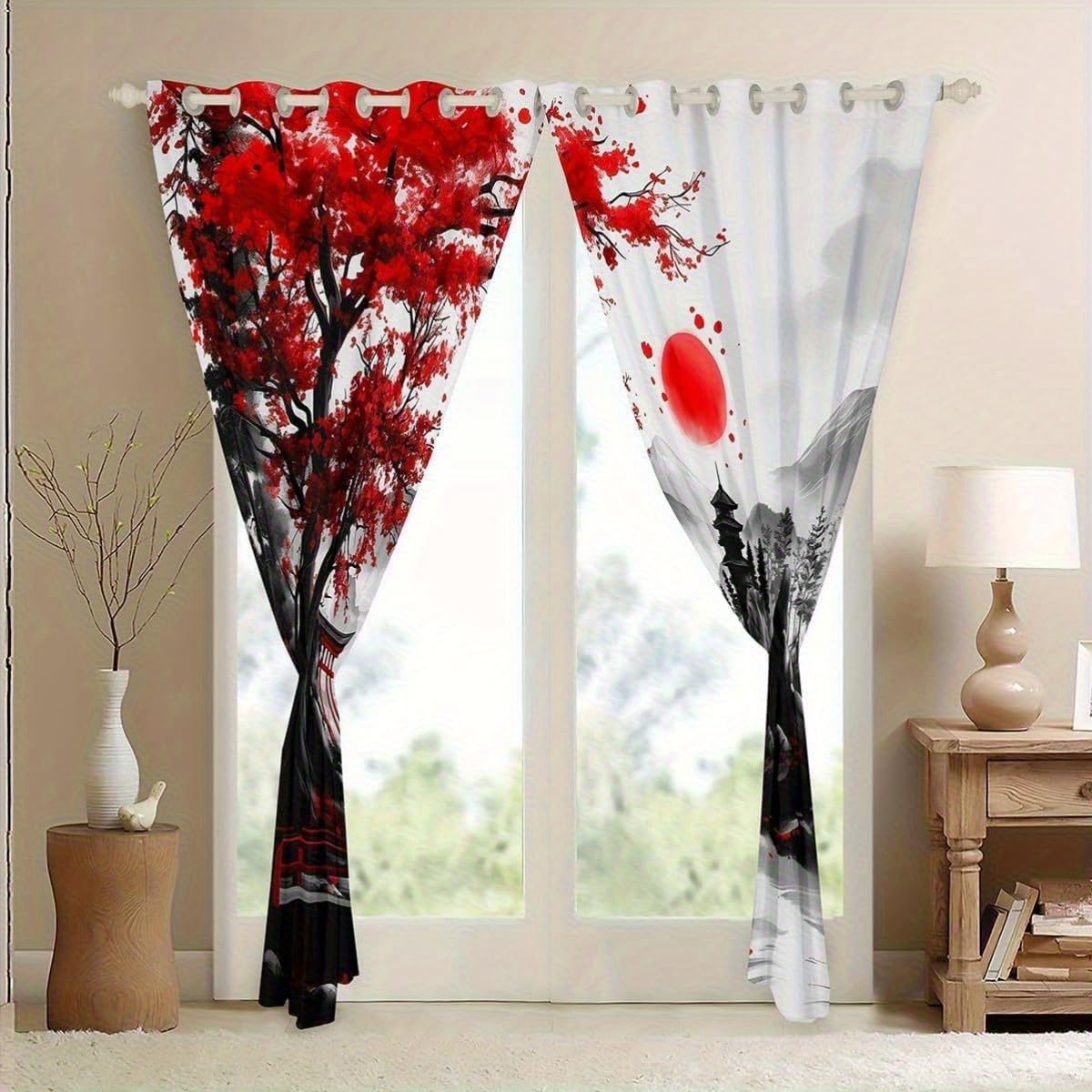 Cortinas de Estilo japonés con Estampado de Paisaje Natural, Opacas, para Sala de Estar o Dormitorio (An x Al:2x132 x 90 cm)