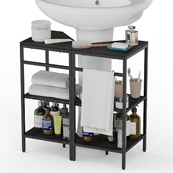 CADUKE Under Pedestal Sink Shelf, 2 Pack Under Sink Organizers and Storage, 3-Tier Pedestal Under Sink Storage Bathroom Vanity, Corner Shelf Stand for Bathroom, Kitchen, Living Room, Black
