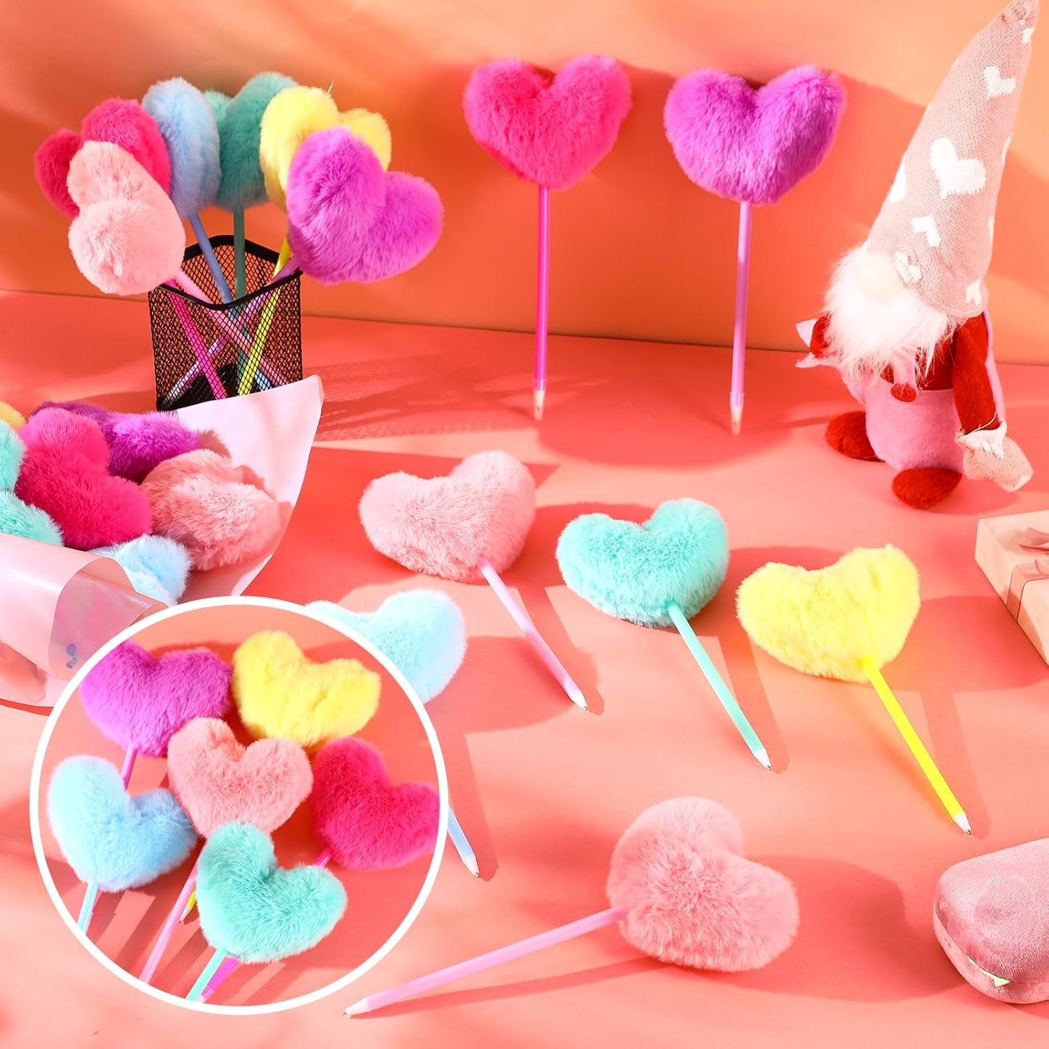 Zhanmai 24 Pack Heart Shape Pom Pom Ballpoint Pens Colorful Fluffy Ball Pen Bulk for Teacher Women Office Party Supplies Wedding Gift - Image 7