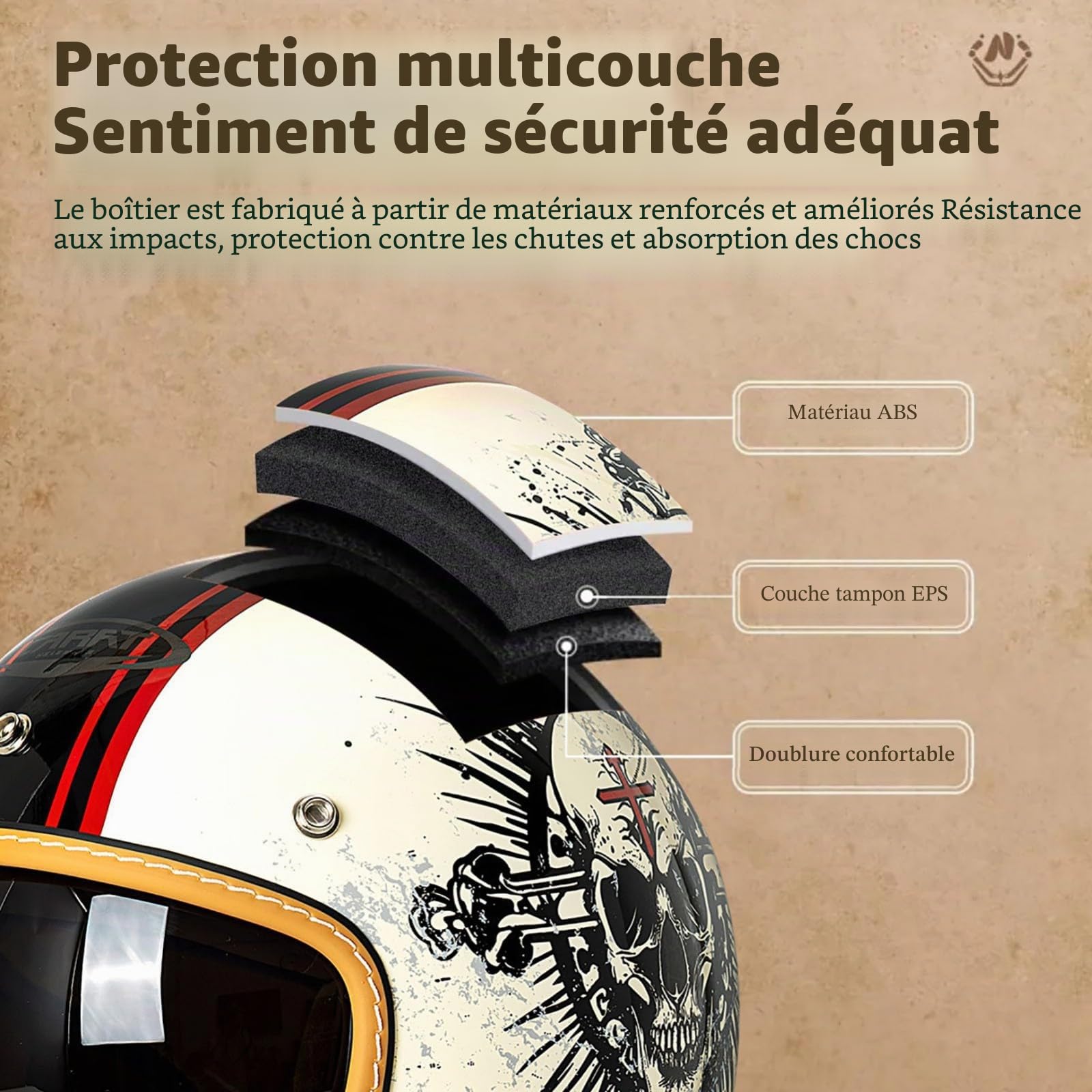 Demi Casque de Moto Vintage, Casque Ouvert Hommes Femmes, Casque de Moto Rétro Demi-Jet avec Visière Solaire, Adultes Casque Scooter Cruiser Cyclomoteur, Homologué ECE/Dot 54-63cm