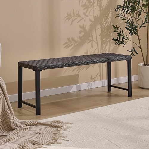 Miniatura 5 de Juego de 2 bancos de ratán para exteriores de 46 pulgadas, banco de jardín para todo tipo de clima, para patio trasero, porche o césped, banco de