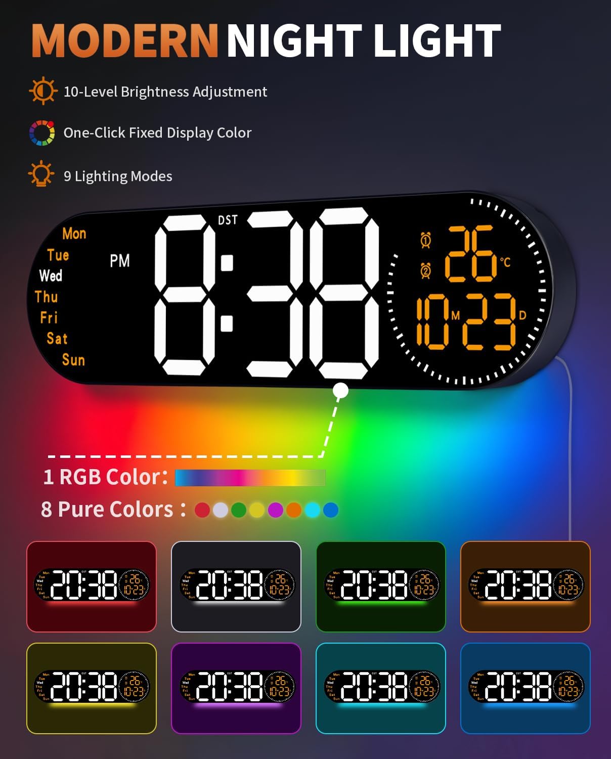 17.2 Inch Large Digital Wall Clock with 9 Color Changing Remote Control, Date Week Temperature, Auto Brightness Dimmer Clock Night Lights,Orange