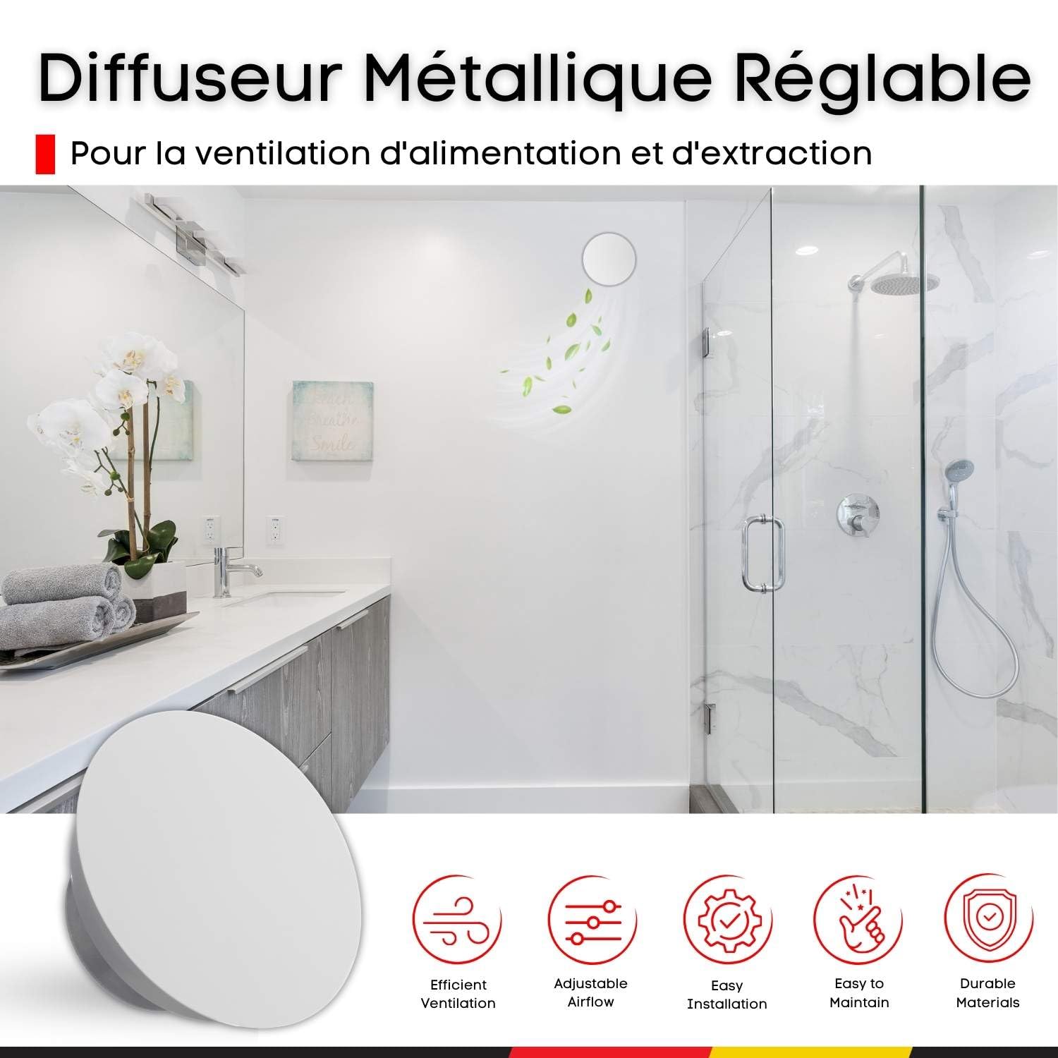 Steinberg14 Bouche VMC - 100mm Diffuseur Rond en Métal - Valve d'air Réglable au Plafond Mural - Clapet d'Alimentation et d'Extraction d'air - Grille d'aération - Blanc