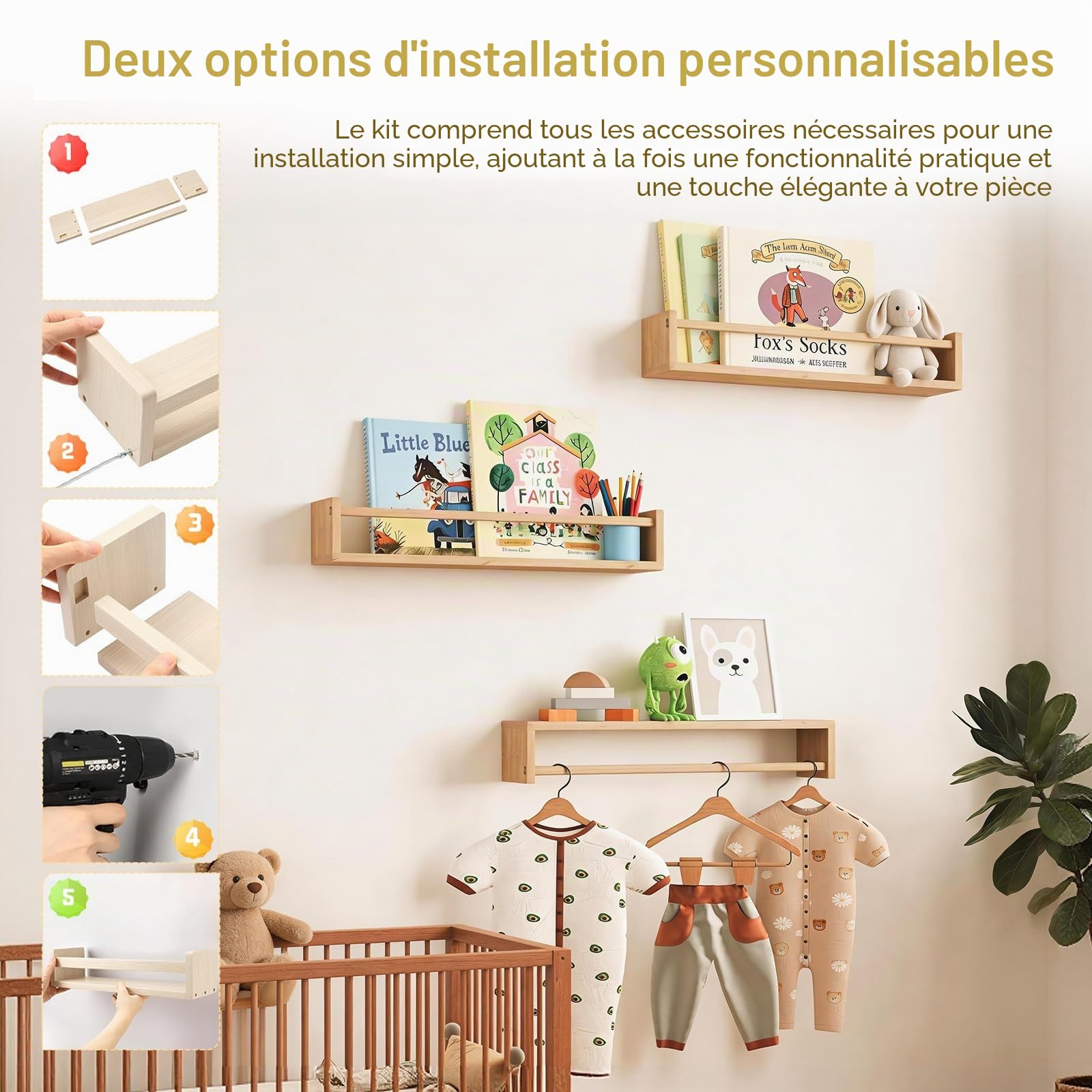 Étagère Murale pour Enfant, Lot de 3 Etagere Murale Livre Chambre Enfant étagères flottantes murales pour Organiser des Livres et des Jouets pour Chambre à Coucher, Salon, d'enfant