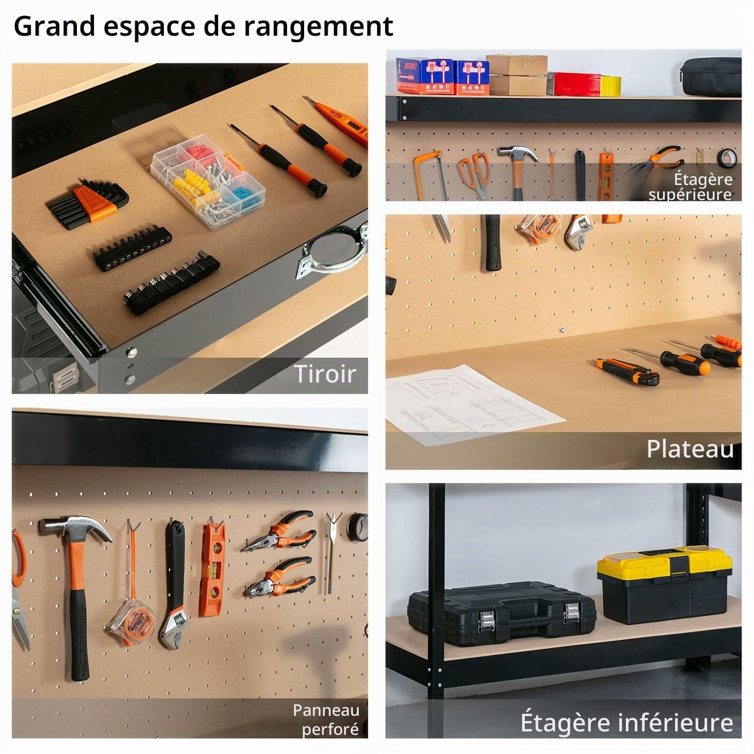 FoxHunter Établi de garage à tiroirs panneau perforé et 12 taquets porte-outils Noir Capacité 150 kg