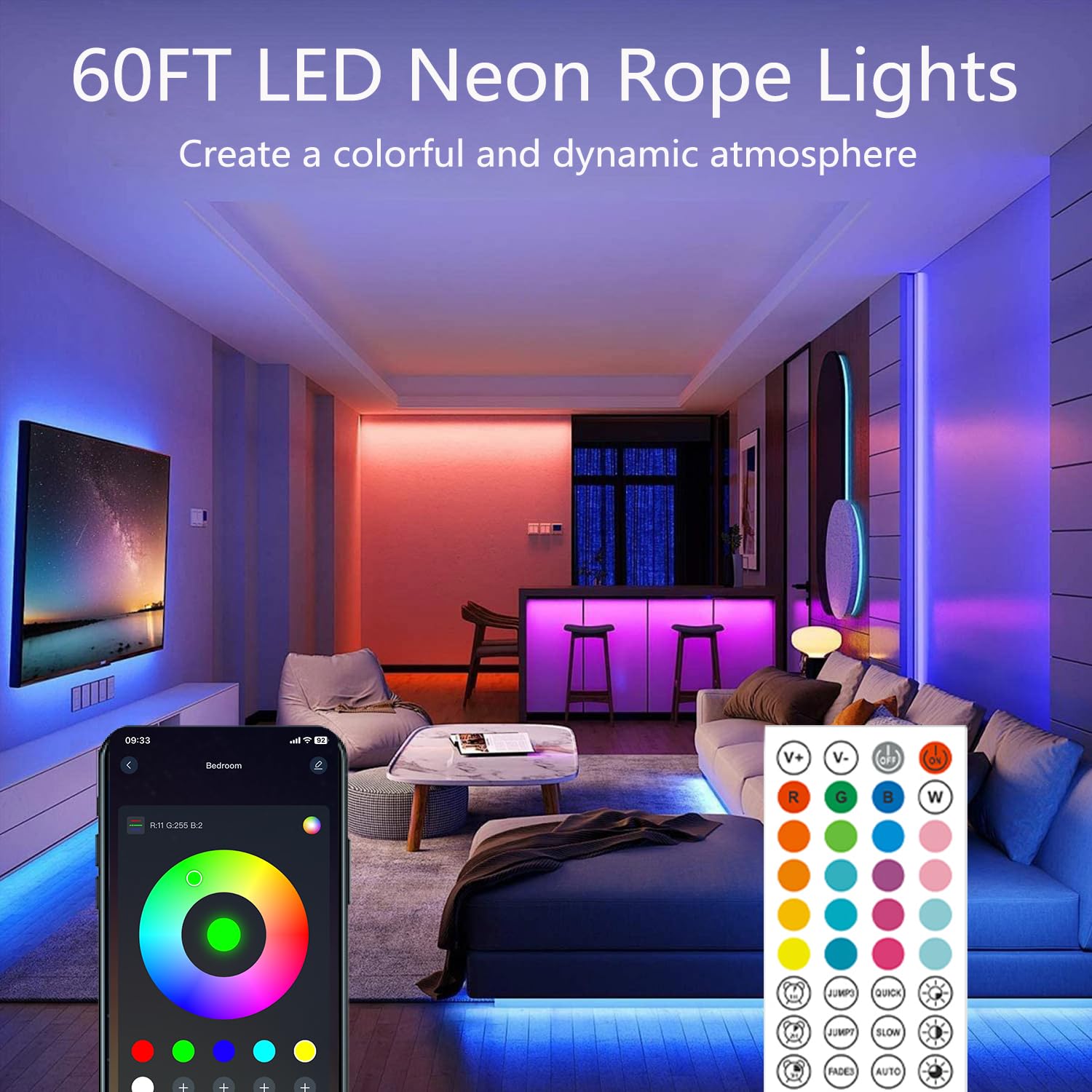 httpsmp 18m Neon Rope Light, Flexible Led Lights Control with App/Remote, Multiple Modes, IP65 Outdoor Waterproof - Image 2