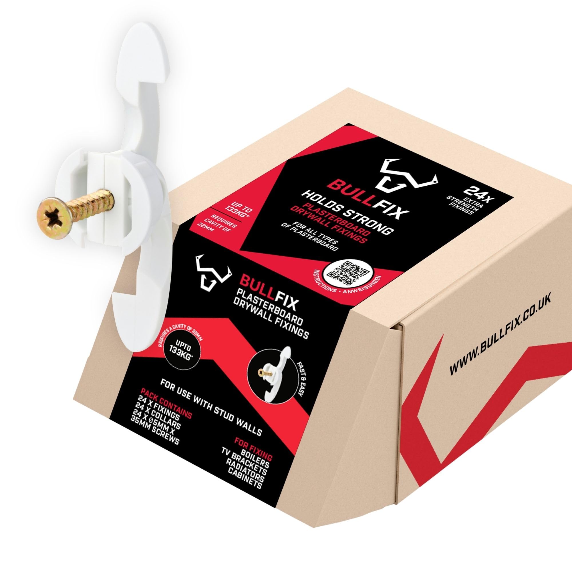 Bullfix Extra Plasterboard Fixings Heavy Duty Pack - Drywall Anchor for Insulated Plasterboard, Stud & Hollow Cavity Wall Anchor Kit with Screws, Holds up to 133kg - 24 Pack