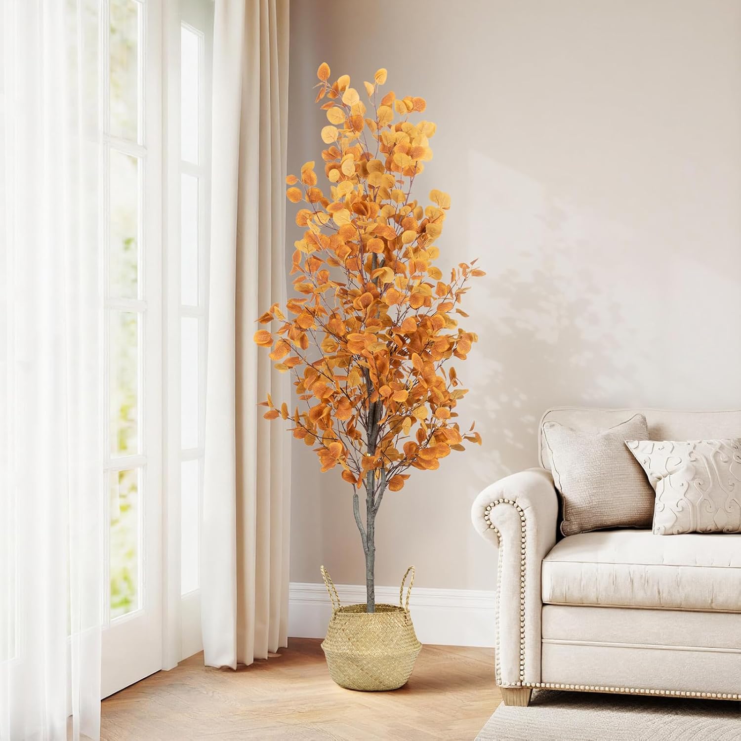 6FT Fall Artificial Eucalyptus Tree with Wicker Basket, Orange Potted Faux Eucalyptus Trees, Autumn Fake Eucalyptus Plants, Lifelike Leaves & Natural Trunk for Home Office Bedroom, Indoor