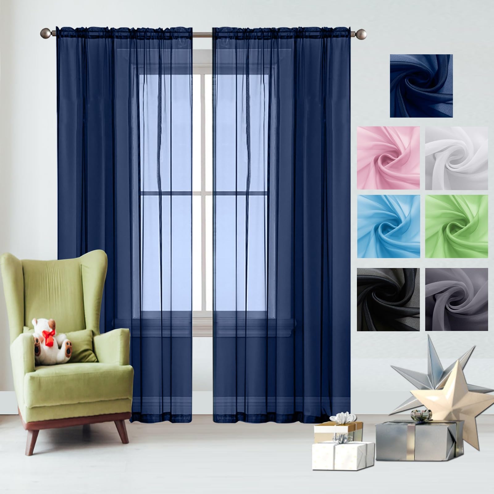 Voilage fenêtre broderie haut de gamme en polyester bleu foncé pour dressing et salon
