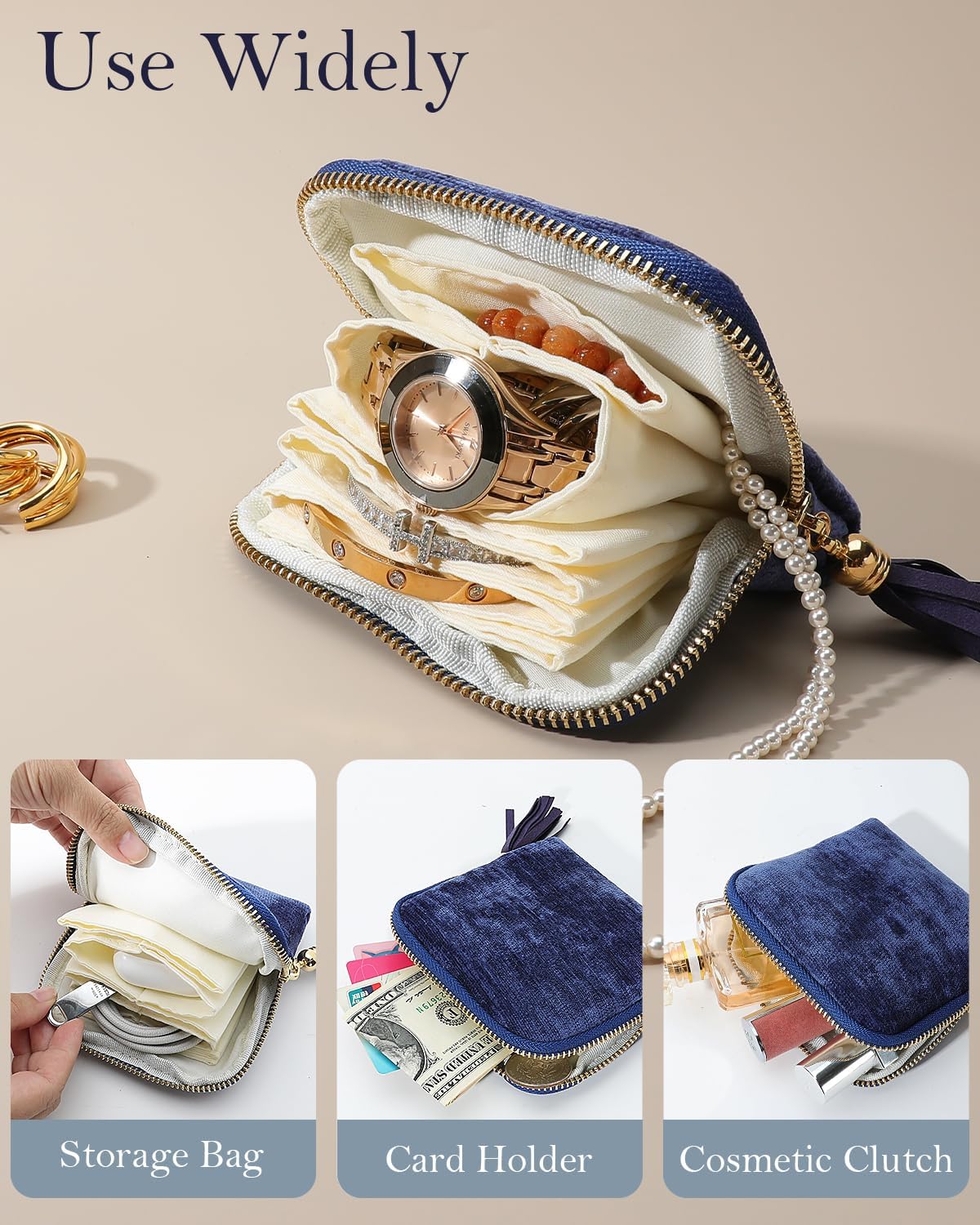 COOLYOUTH Travel Jewelry Case Organizer for Women Portable Jewelry Box with Small Pouches Mini Jewelry Bag for Rings, Bracelets, & Bangles with Smooth Metal Zipper (Royal Blue) - Image 4