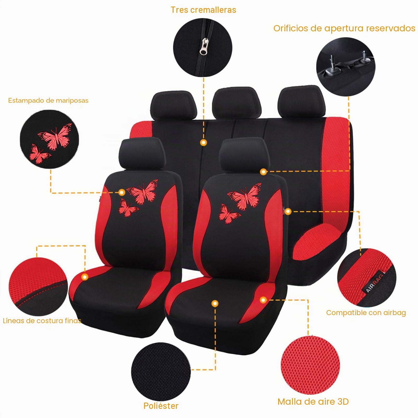 Flying Banner Fundas de Asiento de Coche de Malla Transpirable, Motivo Mariposa de Colores, Protección Compatible con airbag (Juego Completo, Rojo)