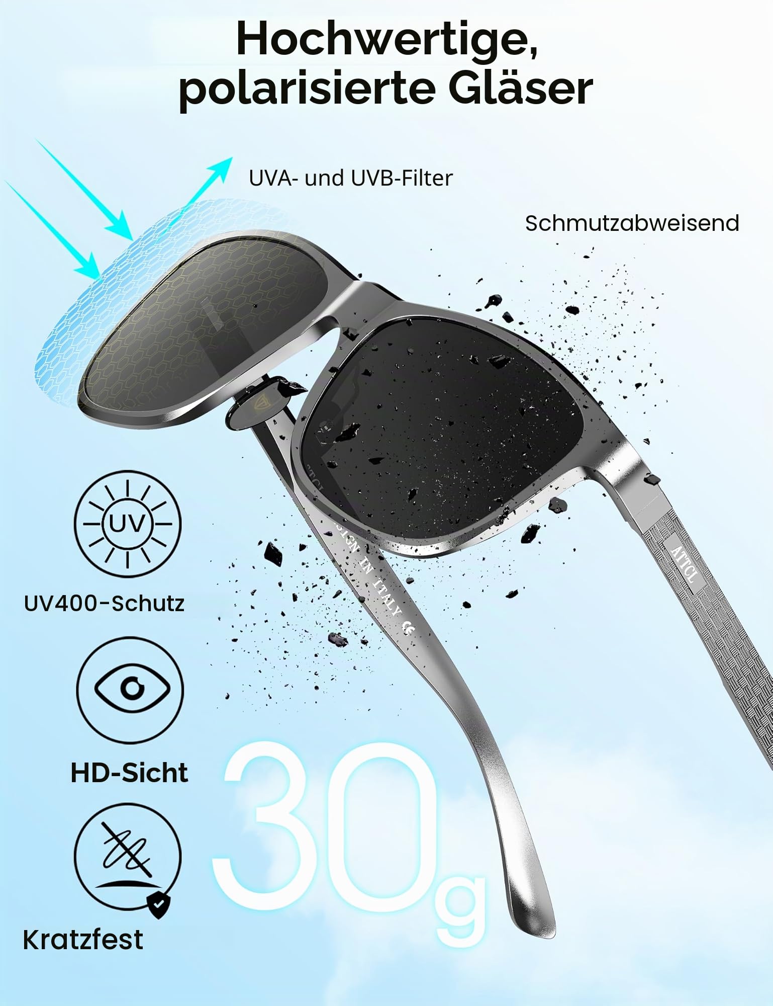 ATTCL Polarisierte Herren-Sonnenbrille: Schutz UV400, leicht, Rahmen aus AL-MG, verspiegelte Gläser, Fahren, Wandern, Reisen, M