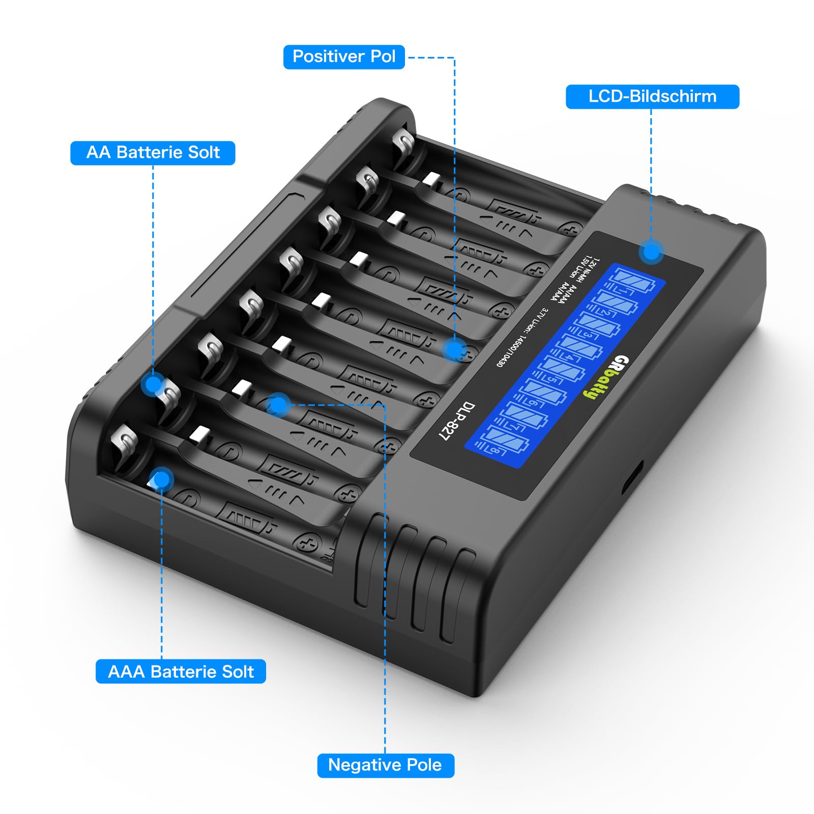 Cargador Pilas Recargables AA GRbatty 3500mWh Pilas de Litio AA 1,5 V Alta Capacidad con Cargadores LCD, más de 1500 ciclos,Paquete de 8