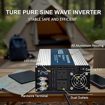WZRELB 3000W Pure Sine Wave Inverter 24V DC to 230V 240V AC,Car Power Inverter with Dual AC Outlets, LED Display,Off-Grid Portable Power Converter for Home, RV, Truck, Camping