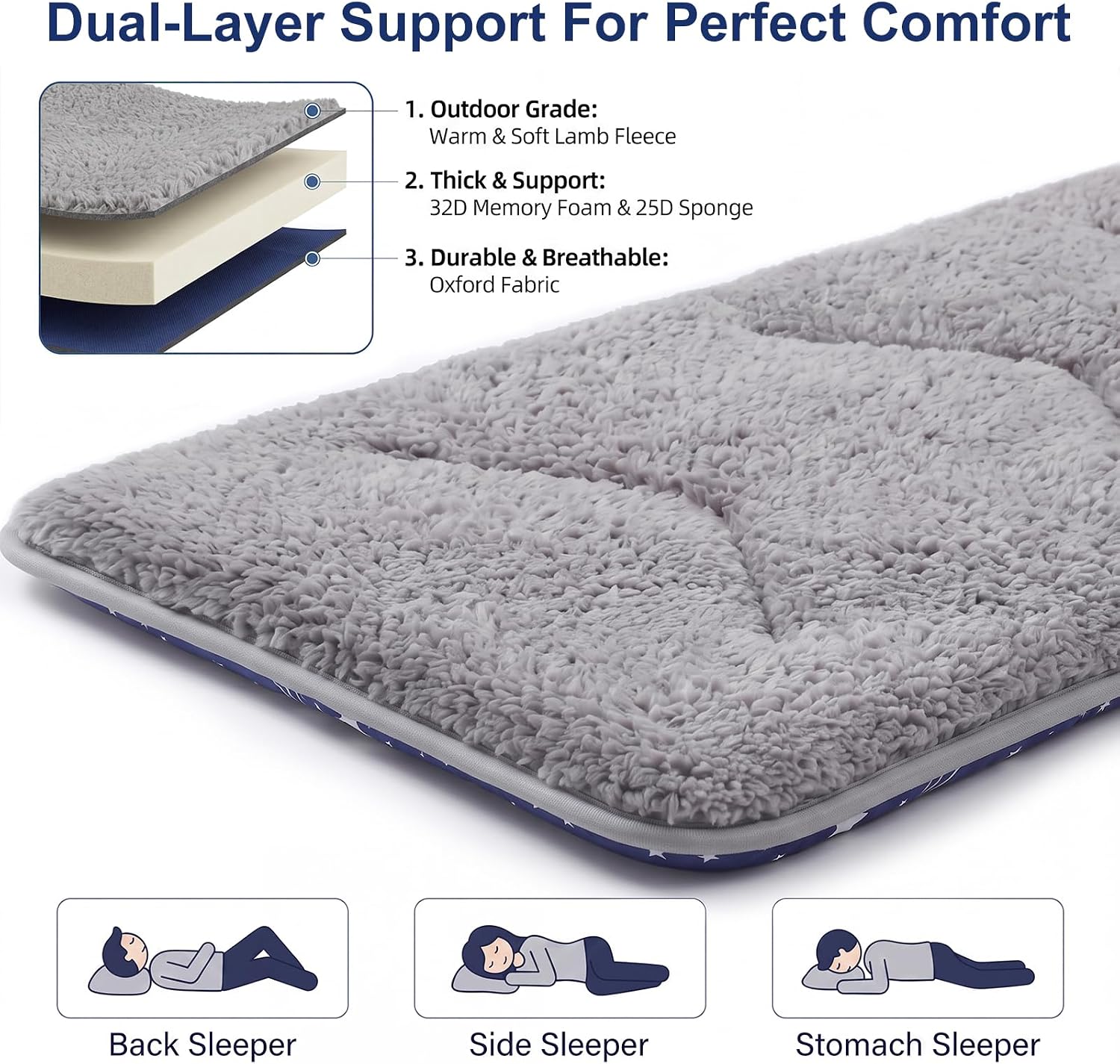 Uniqwamer Thick Camping Sleeping Pad - Double Side Ultra Soft & Non-Slip Sleeping Mat with Portable Roll up Camping Cot Pad for Travel Car Tent Guest Bed