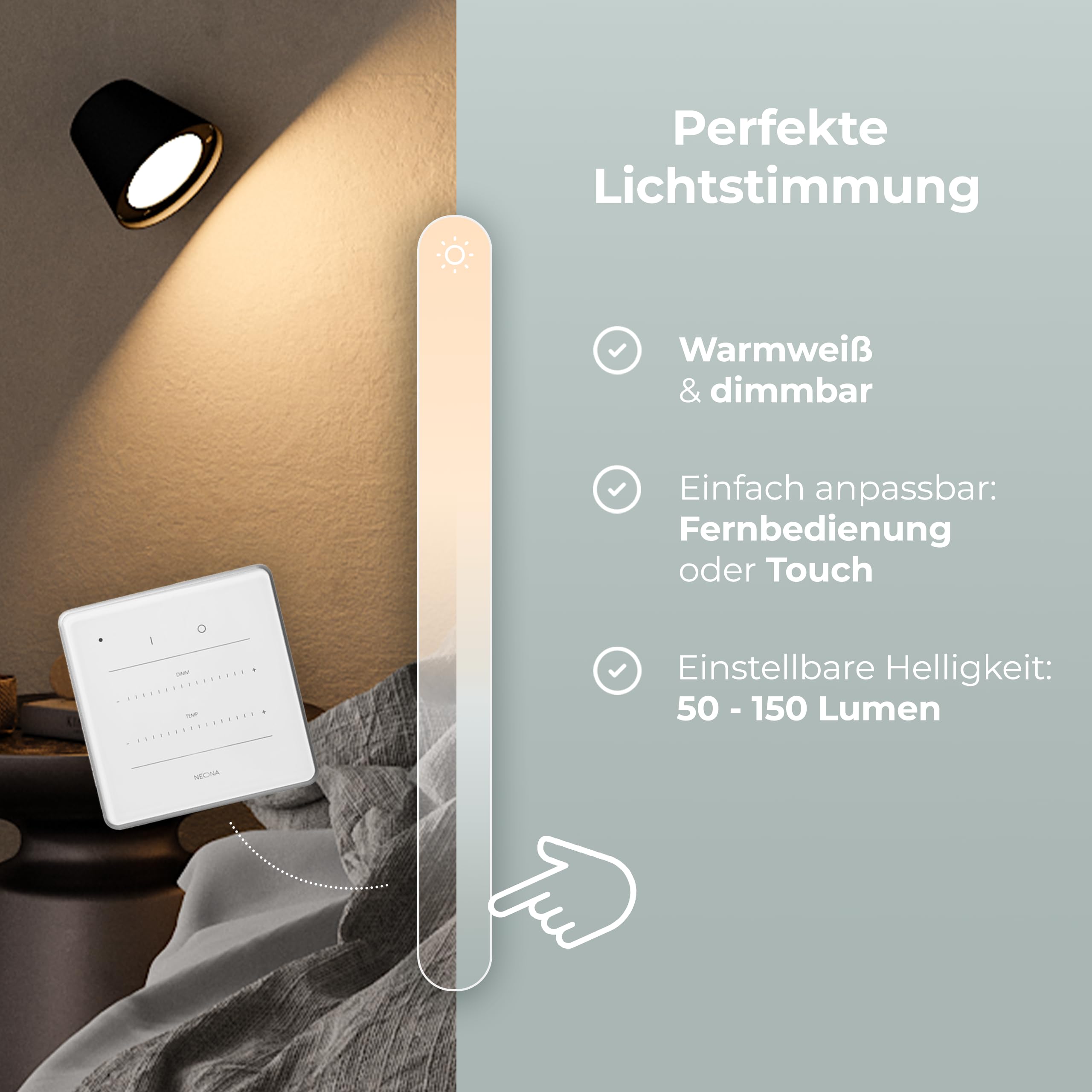 NEONA GINO – Kabellose Akku‑Wandleuchte, LED dimmbar (bis 10 Std.), magnetisch & ohne Bohren, mit Touch, Fernbedienung & Bewegungssensor – Schwarz/Weiß