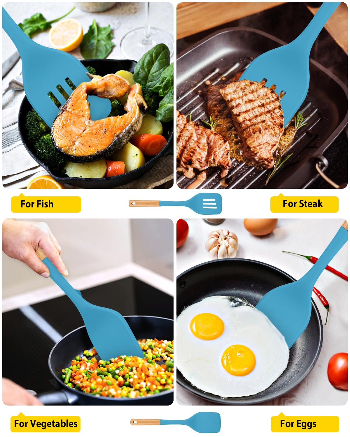 Lot De 2 Grandes Spatules En Silicone Avec Manche Bois - Résistantes Chaleur Anti-adhésives Pour Crêpes Œufs Poisson