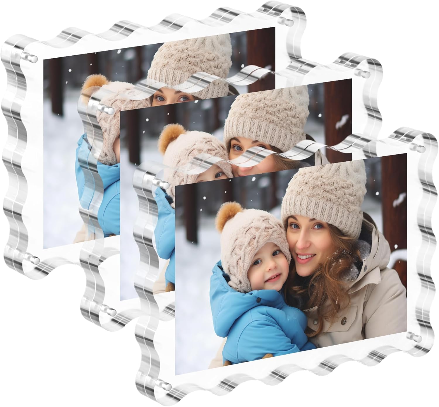 3 Pack Acrylic Picture Frame: 4x6inch Magnetic Picture Frames, Double Sided Magnet Frames,10+10mm Thick Block, Clear Photo Scalloped Frames Freestanding for Desktop Display (Clear, 4X6)