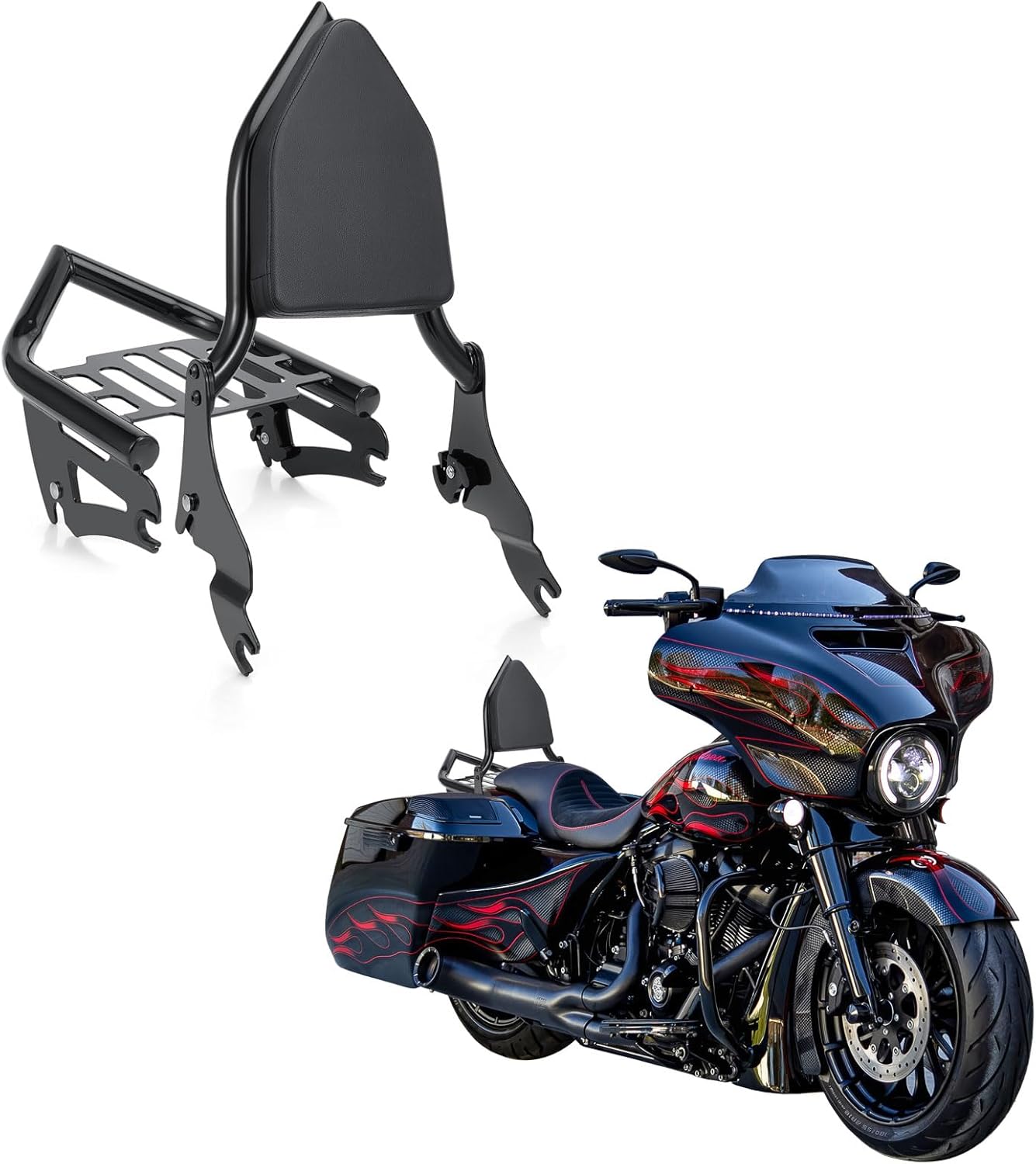 Motorcycle Sissy Bar Luggage Rack Kit for Harley Touring 2009-2024 Street Glide Road King Road Glide Electra Glide, Backrest + Rear Luggage Rack Combo