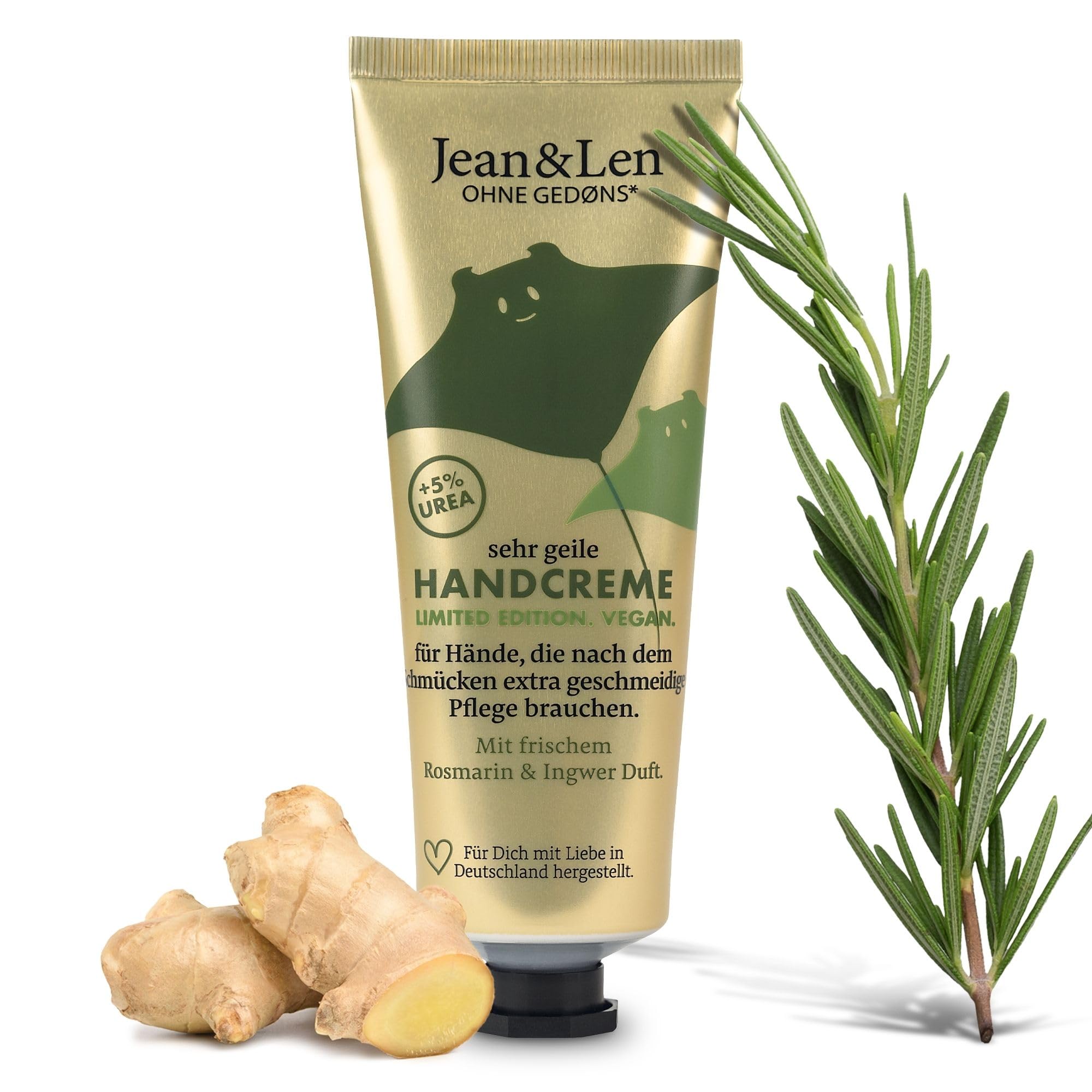Jean & Len Sehr geile Handcreme Rosemary & Ginger, in der Weihnachtsedition, mit Urea, für trockene Hände, spendet Feuchtigkeit & pflegt intensiv, ohne Parabene & Silikone, Handcreme Tube, 75 ml