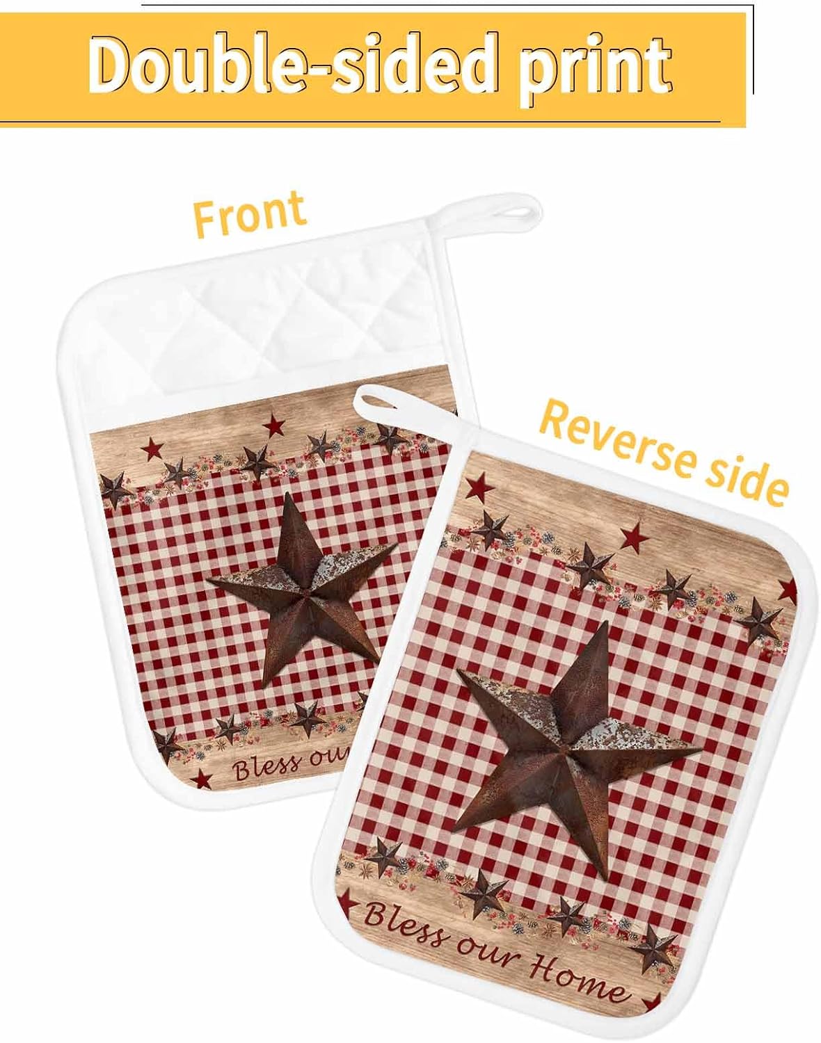 5PCS Pot Holders with Pocket for Kitchen, Country Star Farm Pot Holder Set Heat Insulation Potholders, Farmhouse Plaid Texas Vintage Fruit Oven Mitts Hot Pads for Baking Cooking Barbecue