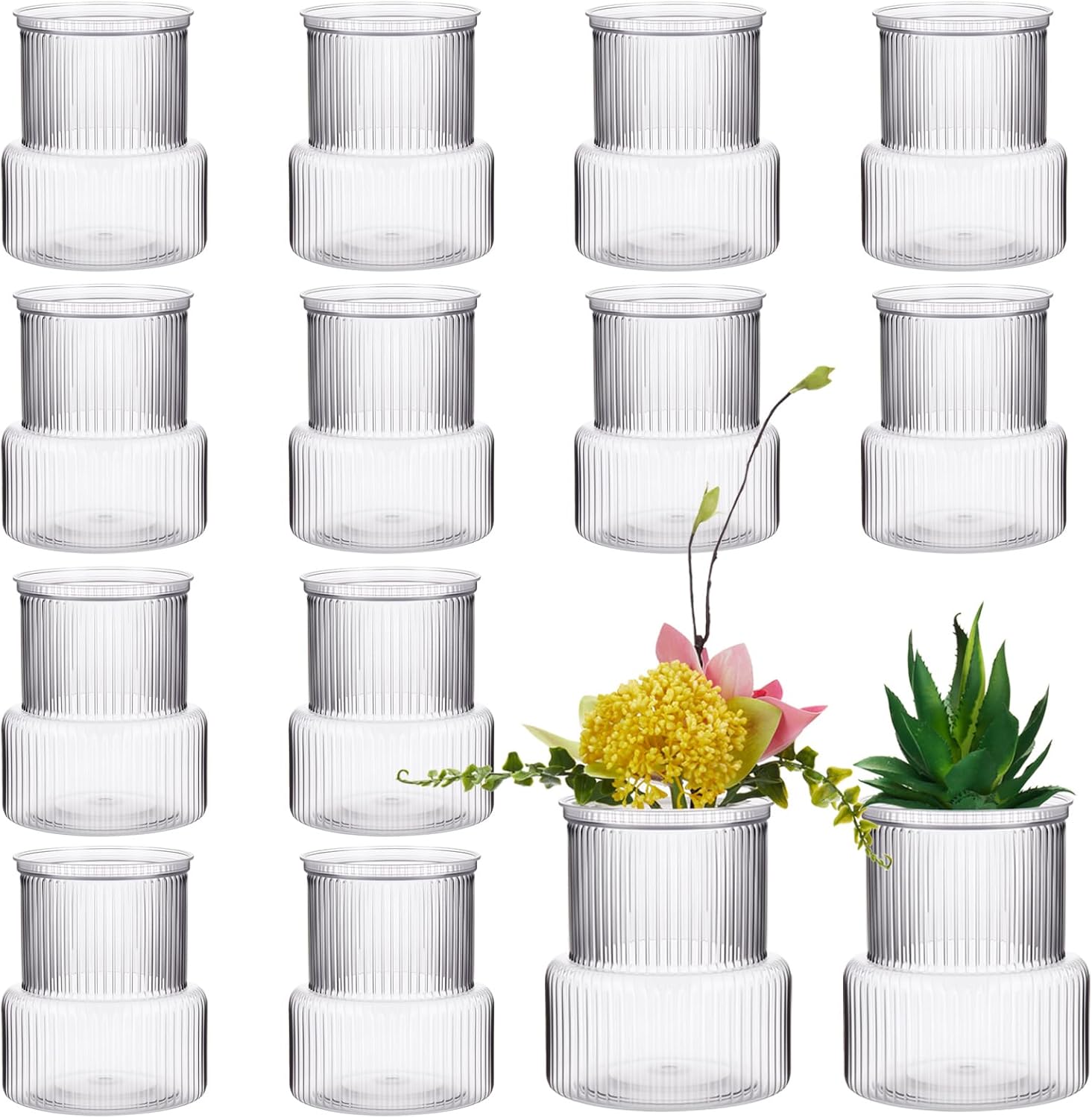 12 Pack Plastic Flower Vases Bulk, Small Clear Modern Ribbed Bud Vase for Centerpieces Wedding Home Decorations, Holder for Flower Plants Bouquet, 4.7 Inches