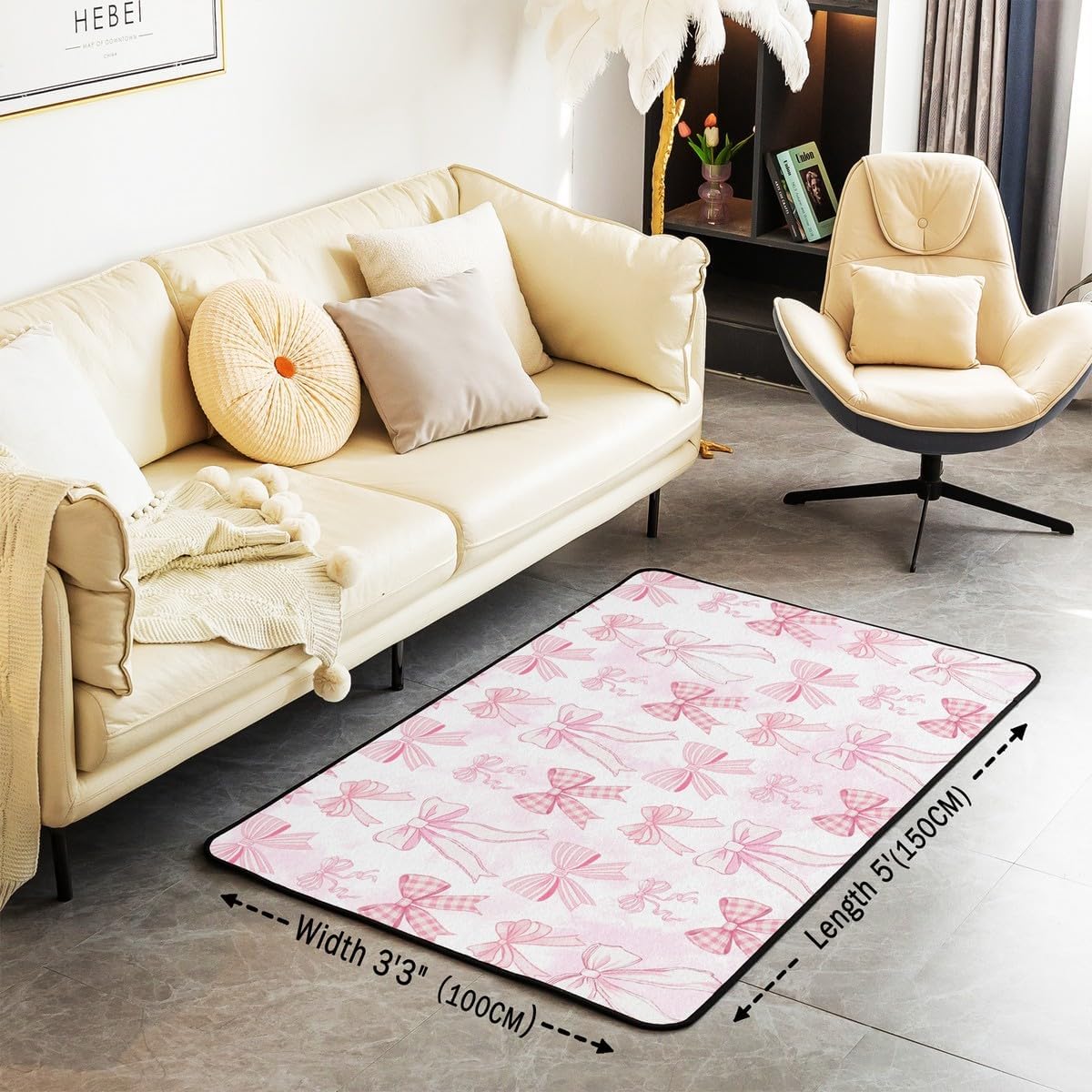 Manfei Bowknot Kids Area Rug Cute Pink Bow Ties Print Floor Mats Rugs for Girls Princess Room Decor, Kawaii Bow Decorative Rug for Living Room, Absorbent Carpets, 3'x5'