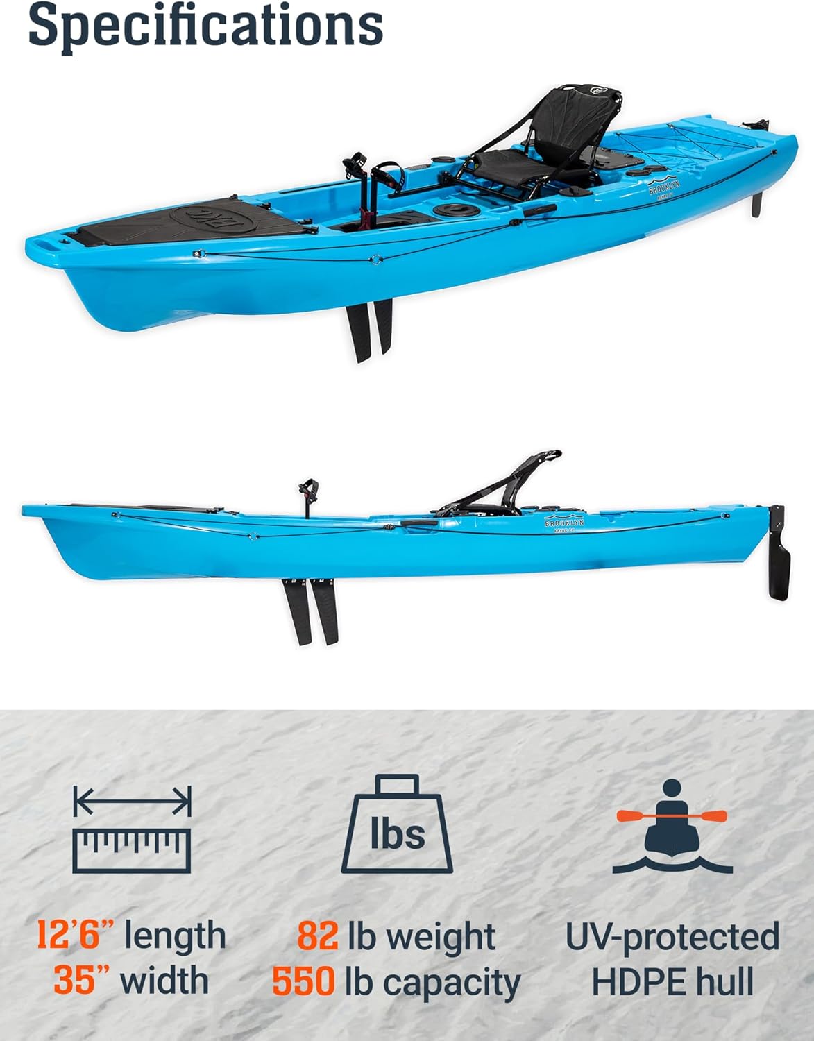 Brooklyn 12.5 Single Pedal Fishing Kayak with Flipper Drive by BKC, Rudder Steering & Aluminum Seat, Sit-On-Top Angler Kayak with Rod Holders, Storage Hatches & 550 lb Capacity (Blue Typhoon)
