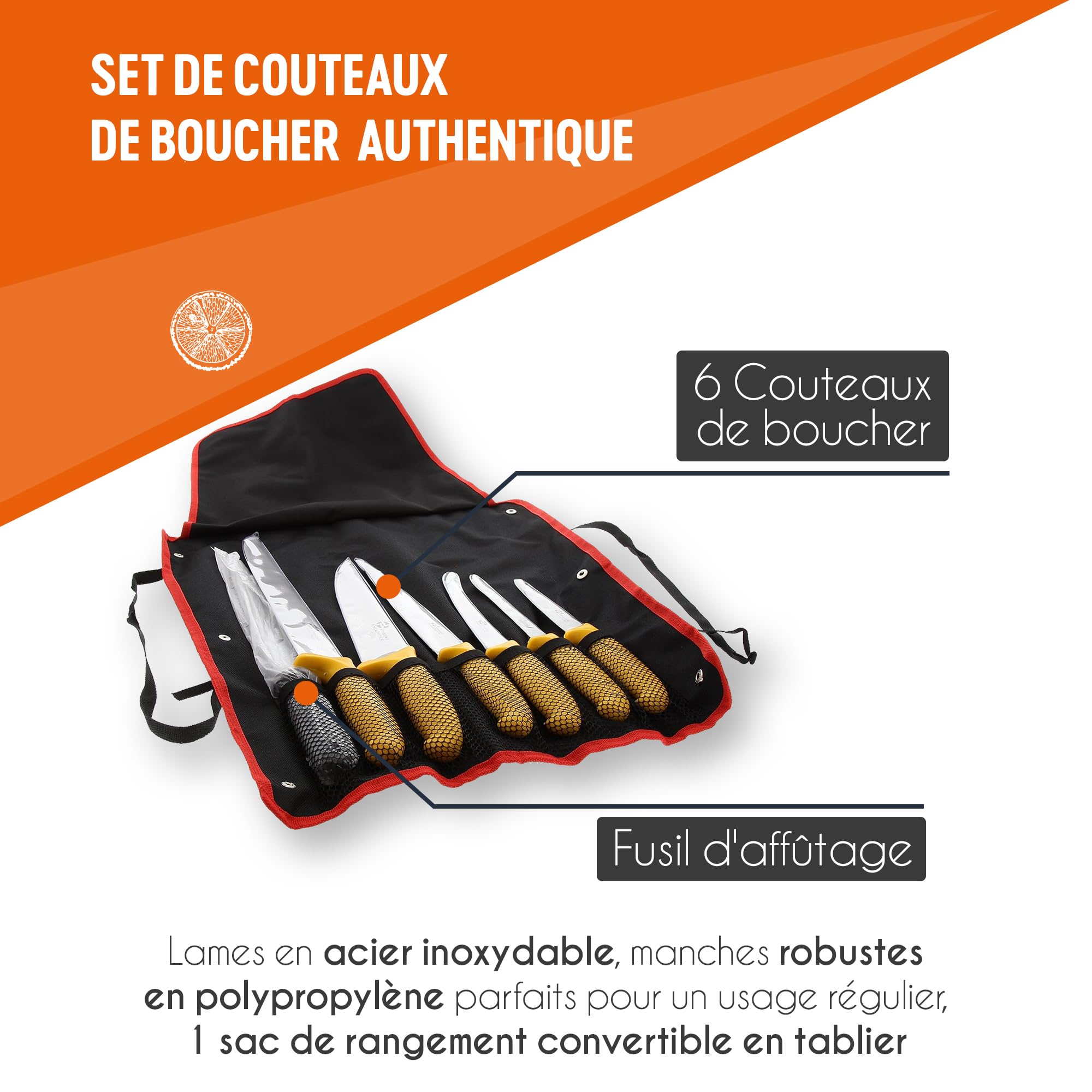 Pradel Excellence - PCOT005008 - Sac Couteaux de Boucher 7 Pièces - 6 Couteaux + 1 Fusil d’Affûtage - Lames Inox- Compatibles Lave-Vaisselle - Sac de Rangement Convertible en Tablier
