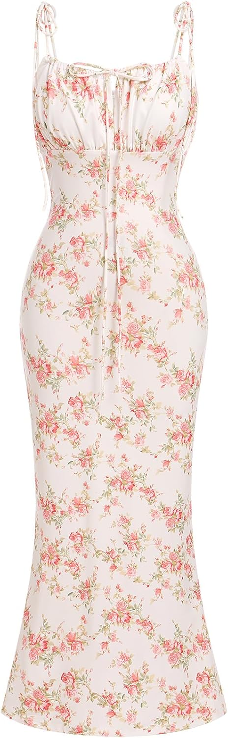 Bustier Dress for Women Boho Floral Corset Casual Sundress Spaghetti Strap Maxi Dress Summer Beach Party Midi Dresses