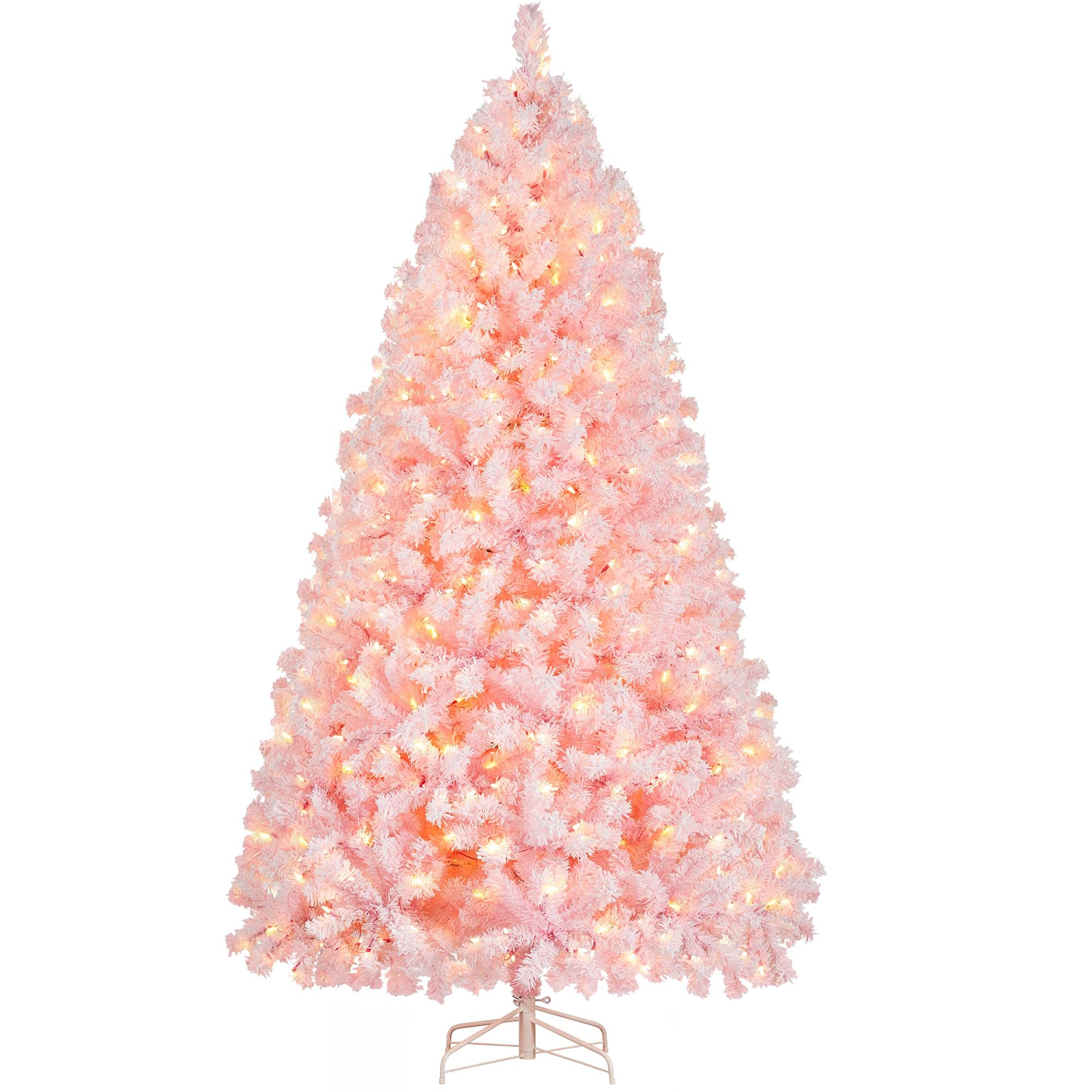 Yaheetech 7.5ft Pre-lit Artificial Christmas Tree with Incandescent Warm White Lights, Snow Flocked Full Prelighted Xmas Tree with 1284 Branch Tips, 550 Incandescent Lights & Foldable Stand, Pink