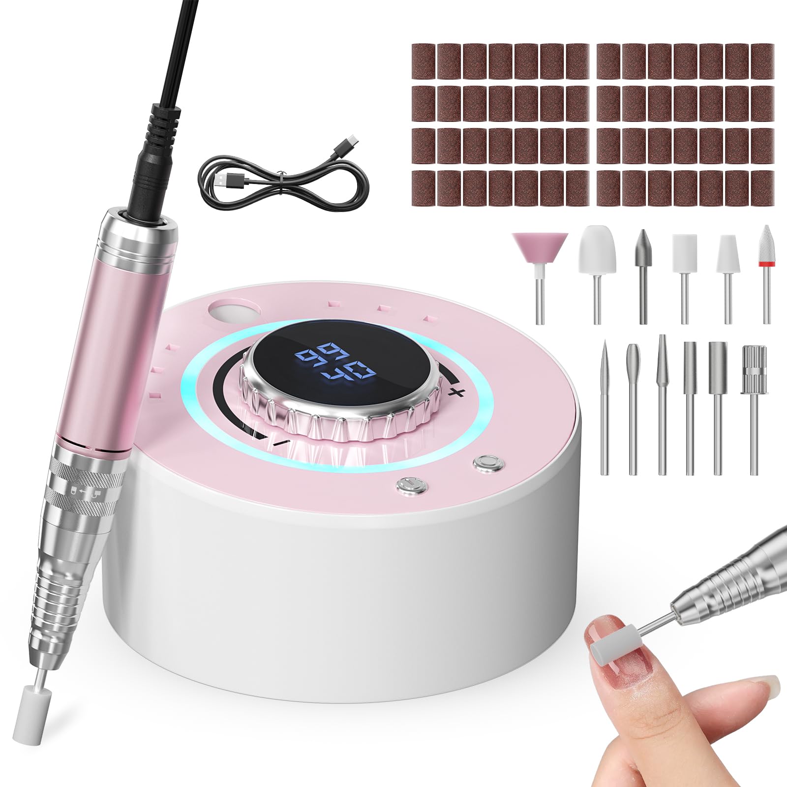 Fresa per Unghie Professionale 36000 RPM, Fresa Per Unghie Con 12 Testine Di Levigatura, Display LCD Ricaricabile Batteria Design, per Manicure e Pedicure Rimozione Smalto Calli e Duroni (Rosa)