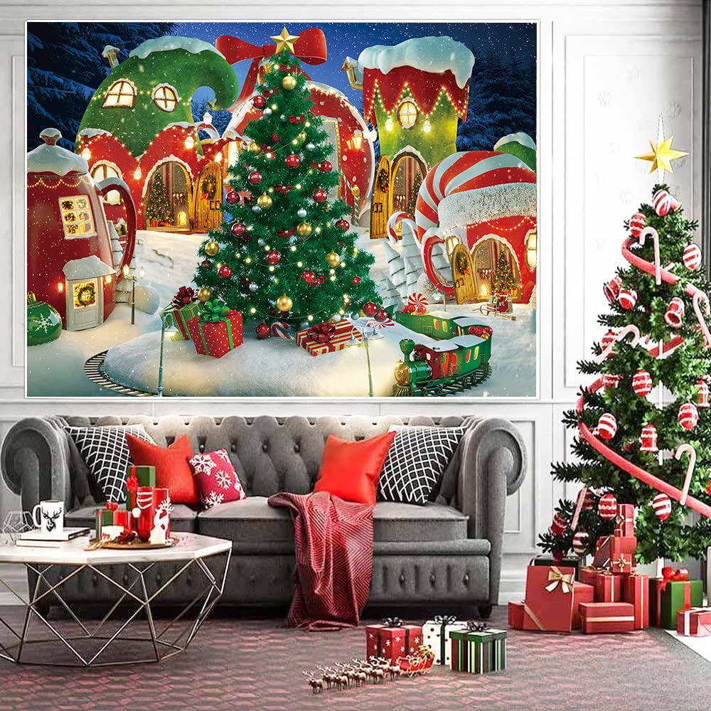Weihnachts-Fotohintergrund Aus Stoff – 1,5 X 0,9 M, Mit Schnee-Dorf, Lebkuchenhaus & Bäumen