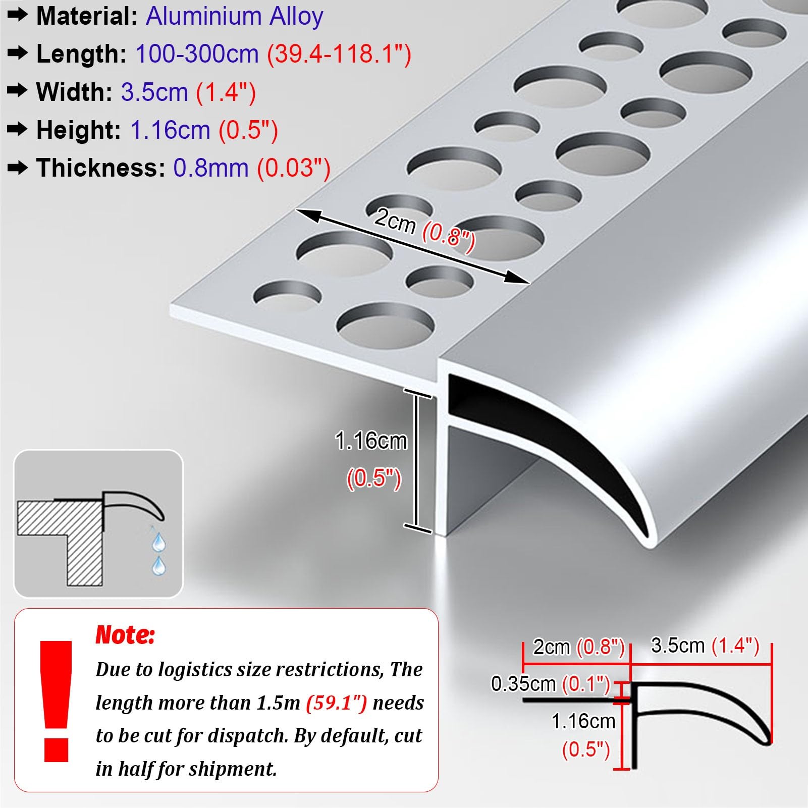 übergangsprofil Tropfkantenleiste für Fensterbankkanten, Zuschneidbare Dachrinnen-Tropfkantenprofile, Regenwasserableitprofil aus Aluminium(1m (3ft))