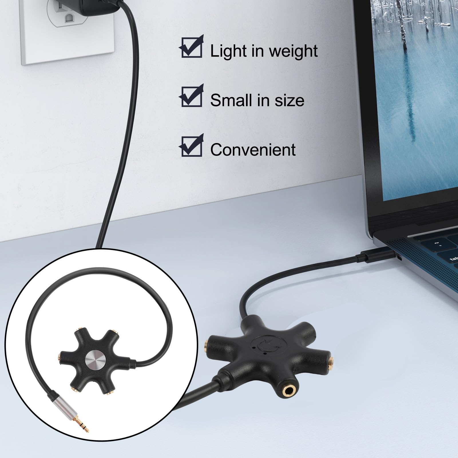 Splitter jack 3,5 mm 5 porte per auricolari multipli, separatore cuffie audio compatto compatibile iPhone iPad MP3 tablet